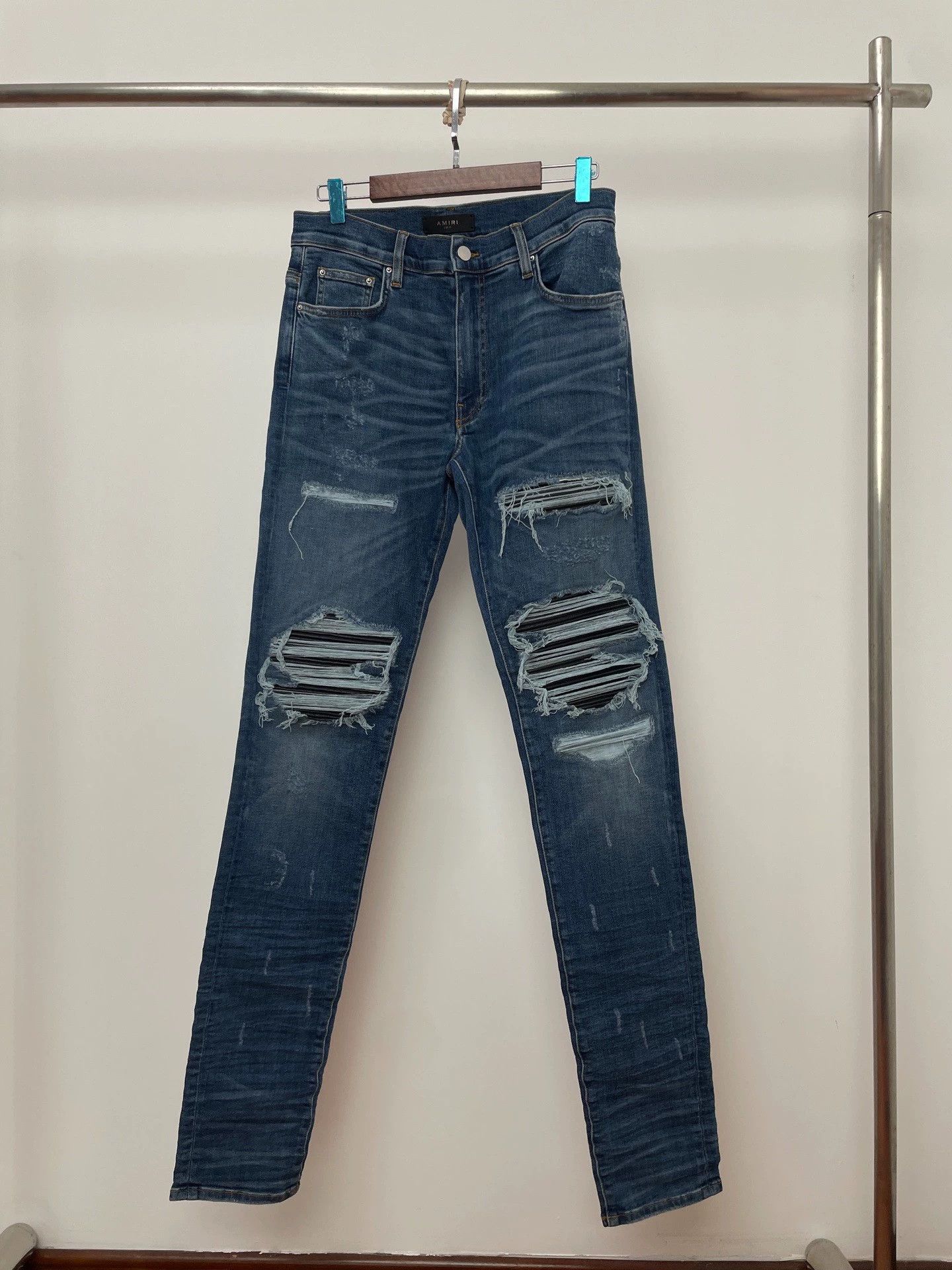 Amiri Amiri MX1 White Leather Blue Denim Jeans Size 31 | Grailed