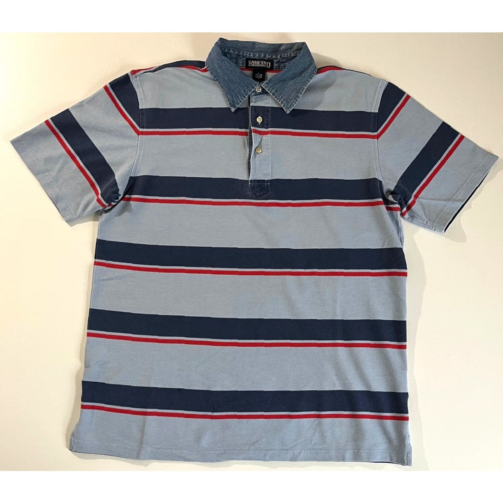 Lands' End Lands' End Polo Shirt Striped Denim Collar Sz L Men’s Short Sleeve Multicolor Cotton Polo Size US L / EU 52-54 / 3 - 2 Thumbnail