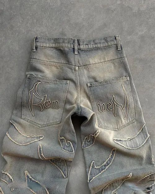 Japanese Brand Street Retro Raw Edge Embroidery Baggy Jeans Size US 34 / EU 50 - 4 Thumbnail