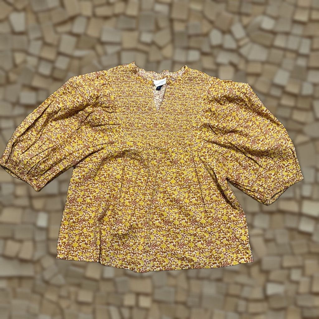 Vintage Universal Thread Blouse Women's Medium Yellow Floral 3/4 Sleeve V-neck Muslin Cotton Rayon Modern Worded? Size M / US 6-8 / IT 42-44 - 1 Thumbnail