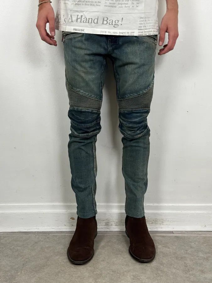 Balmain 2000s Balmain Blue Washed Biker Technical Jeans Size US 32 / EU 48 - 2 Thumbnail