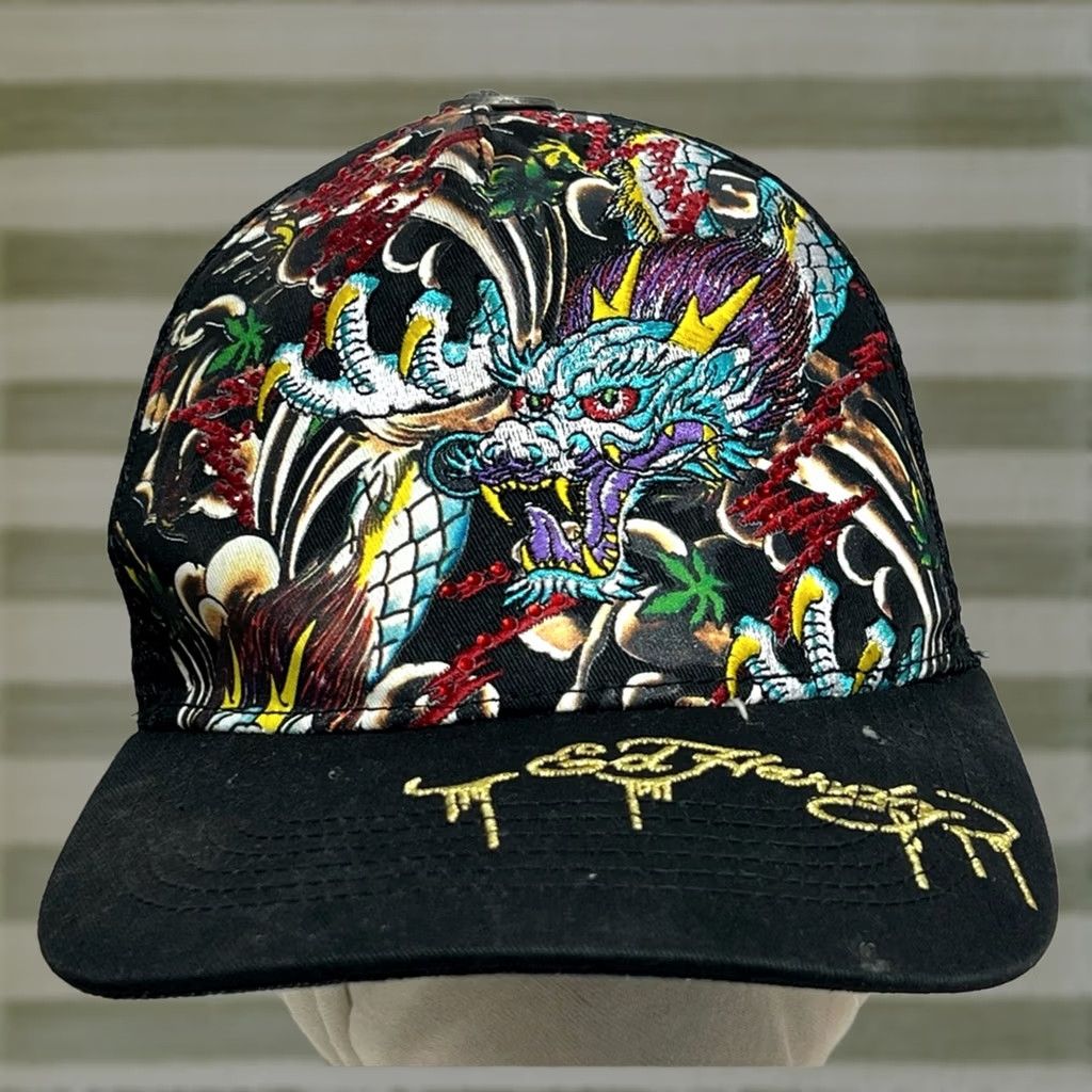 Ed Hardy Ed Hardy Black Trucker Cap Snapback Hat - Dragon Studded Bling Embroidered - Mens One Size Size ONE SIZE - 1 Thumbnail