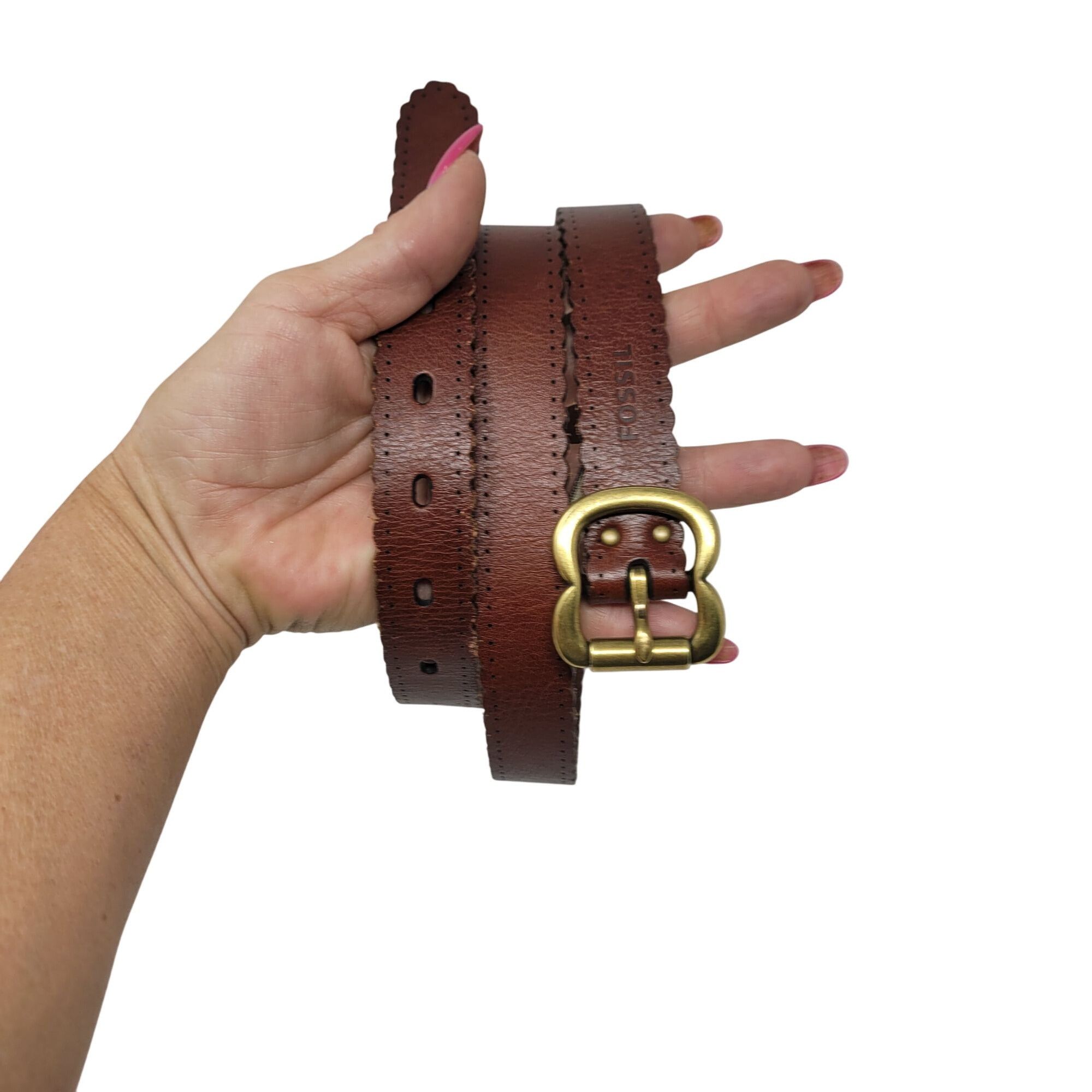 Fossil Vintage Fossil Womens Brown Leather Belt L Scalloped Perfora Size ONE SIZE - 1 Thumbnail