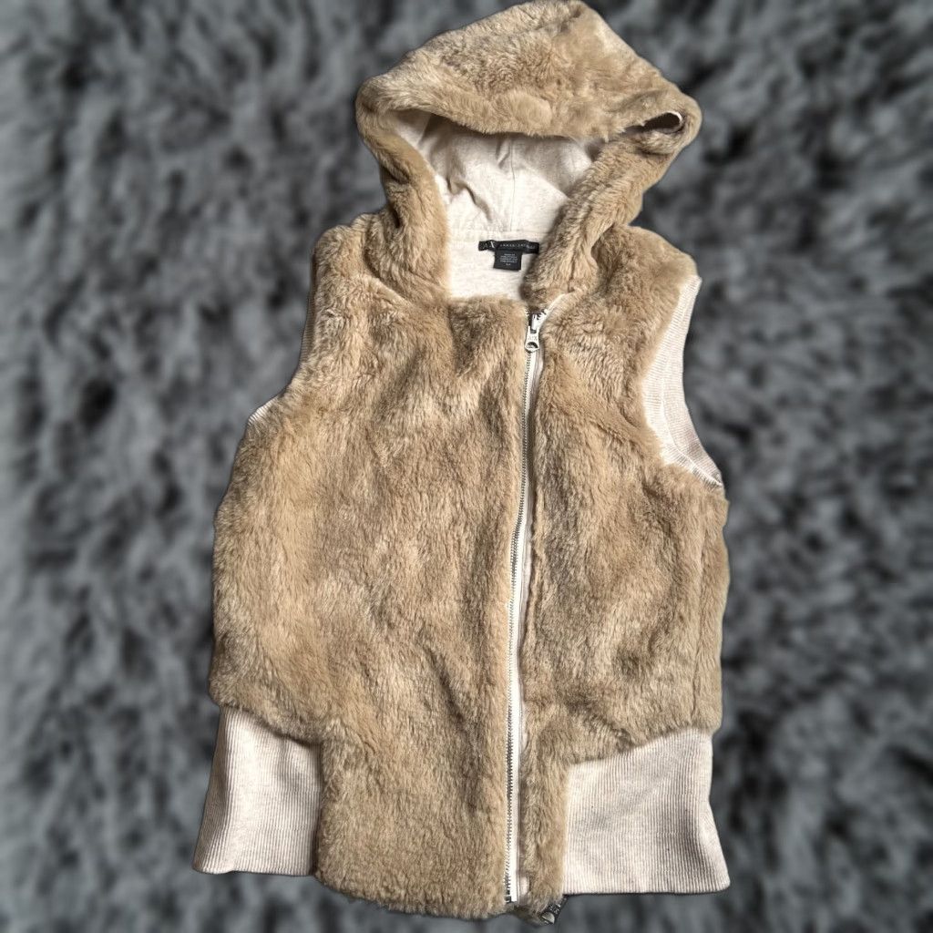 Armani Exchange Armani Exchange A|X Faux Fur Hooded Vest Womens S Beige Zip Front Size S / US 4 / IT 40 - 1 Thumbnail