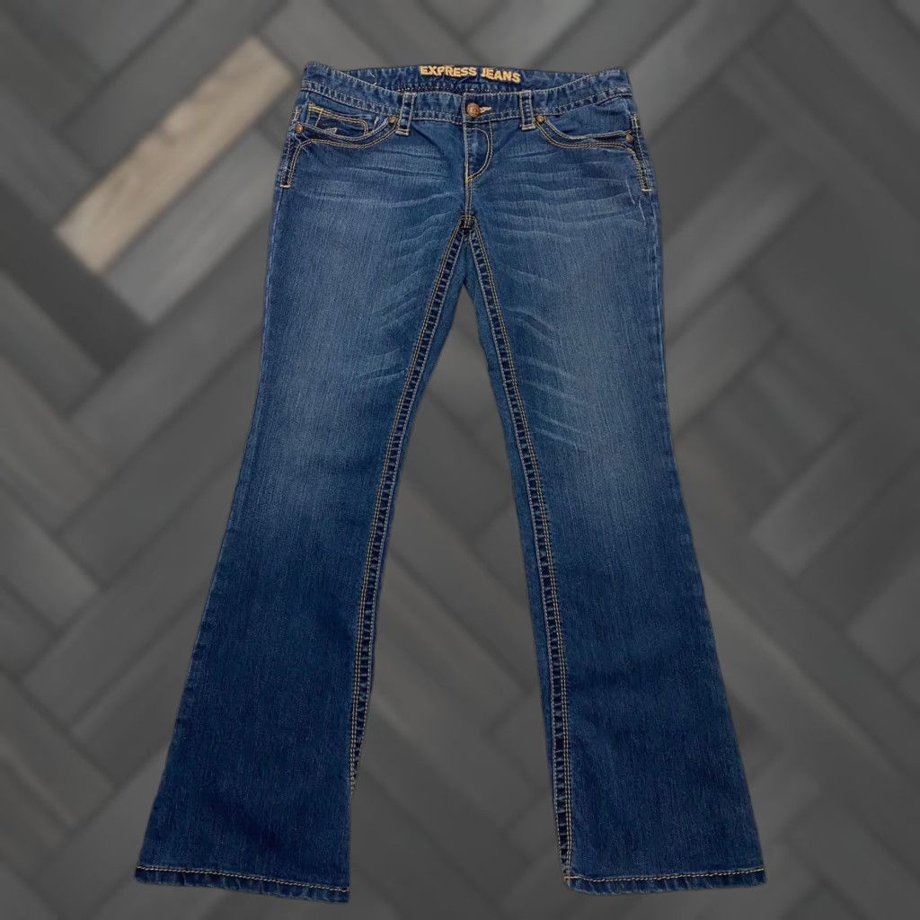 Express Express Jeans Women's 12 Blue Decorative Stitching Embroidered Flap Pockets Size 34" / US 12 / IT 48 - 1 Thumbnail