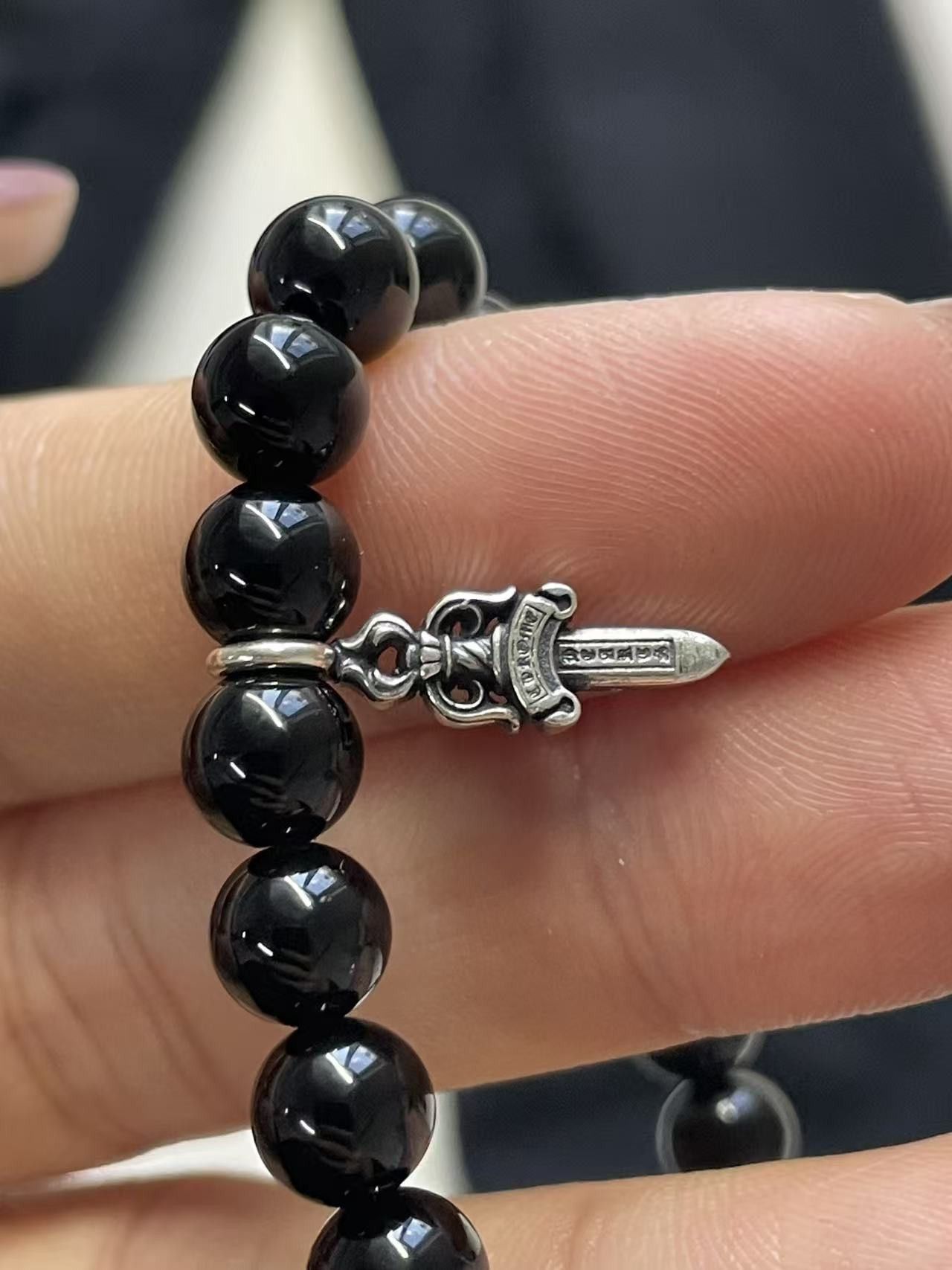 Chrome Hearts Chrome Hearts 6mm Obsidian Silver Dagger Beaded Bracelet Size ONE SIZE - 6 Thumbnail