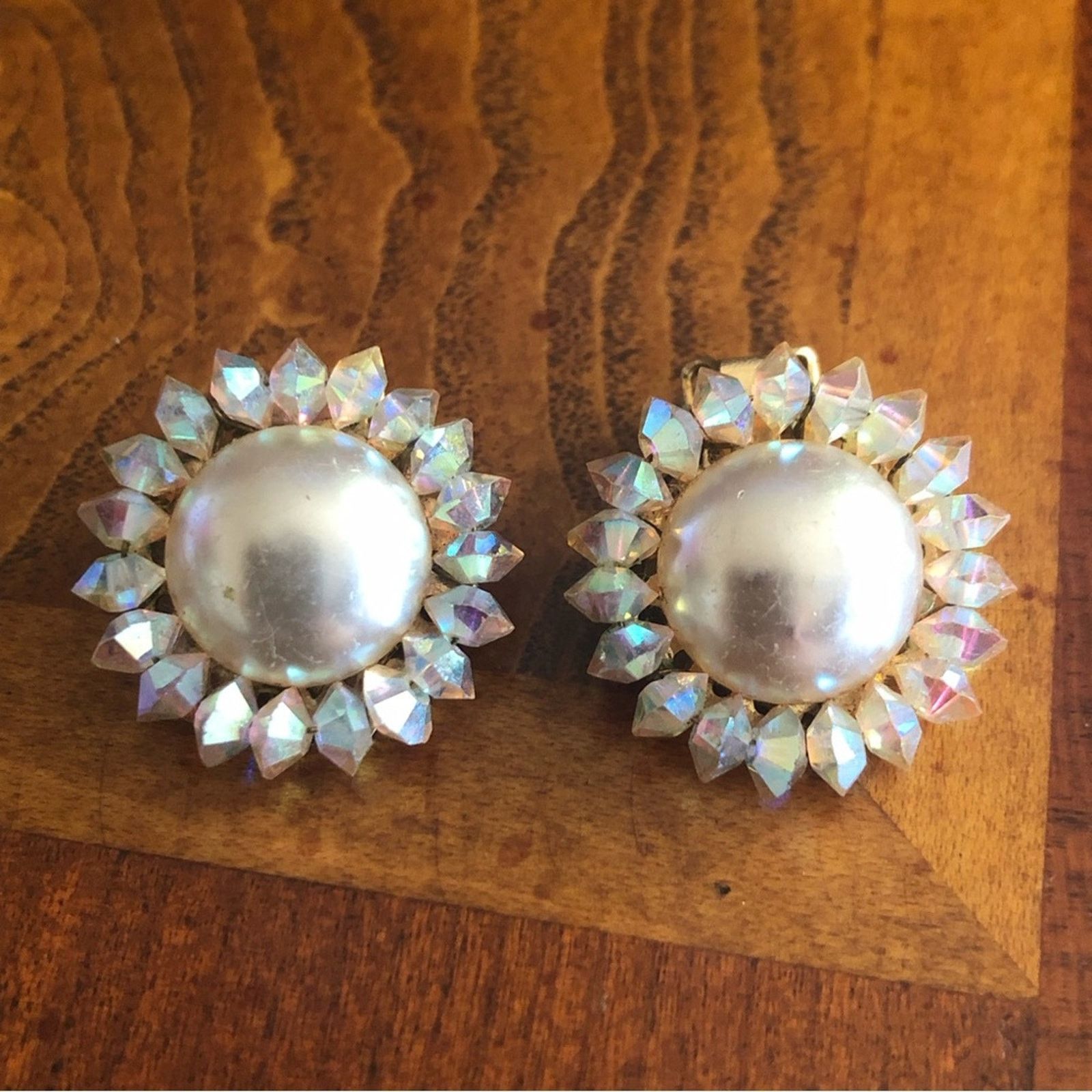 Vintage Marvella signed pearl crystal clip on earrings