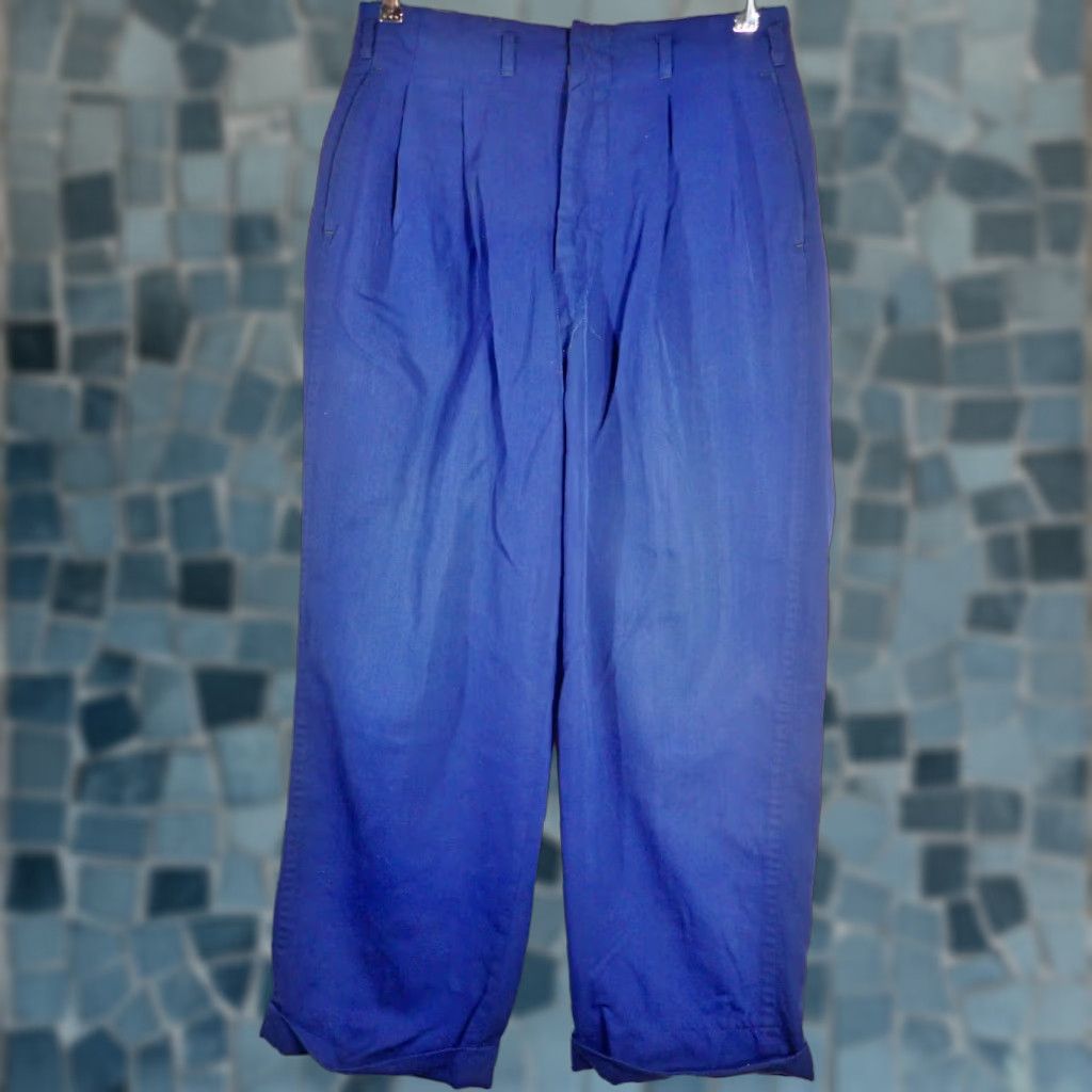 Vintage VINTAGE Wool Gabardine Dress Pants Blue 31x26 Pleated Cuffed Retro 1940s 50s 60s Unisex Size US 31 - 1 Thumbnail