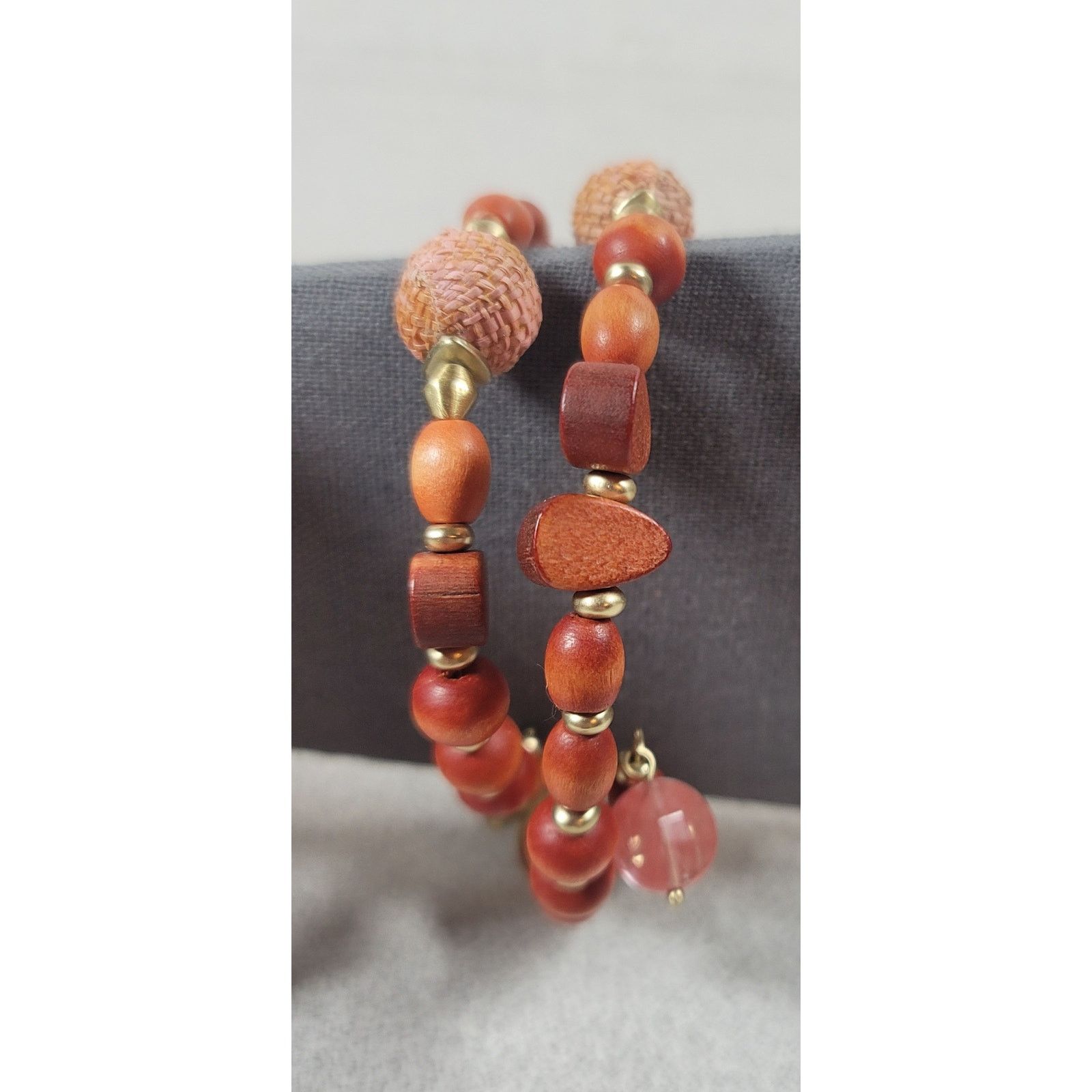 Other Gold Wooden Beads 3 Ring Stretchy Bracelet 3" diameter Size ONE SIZE - 4 Thumbnail