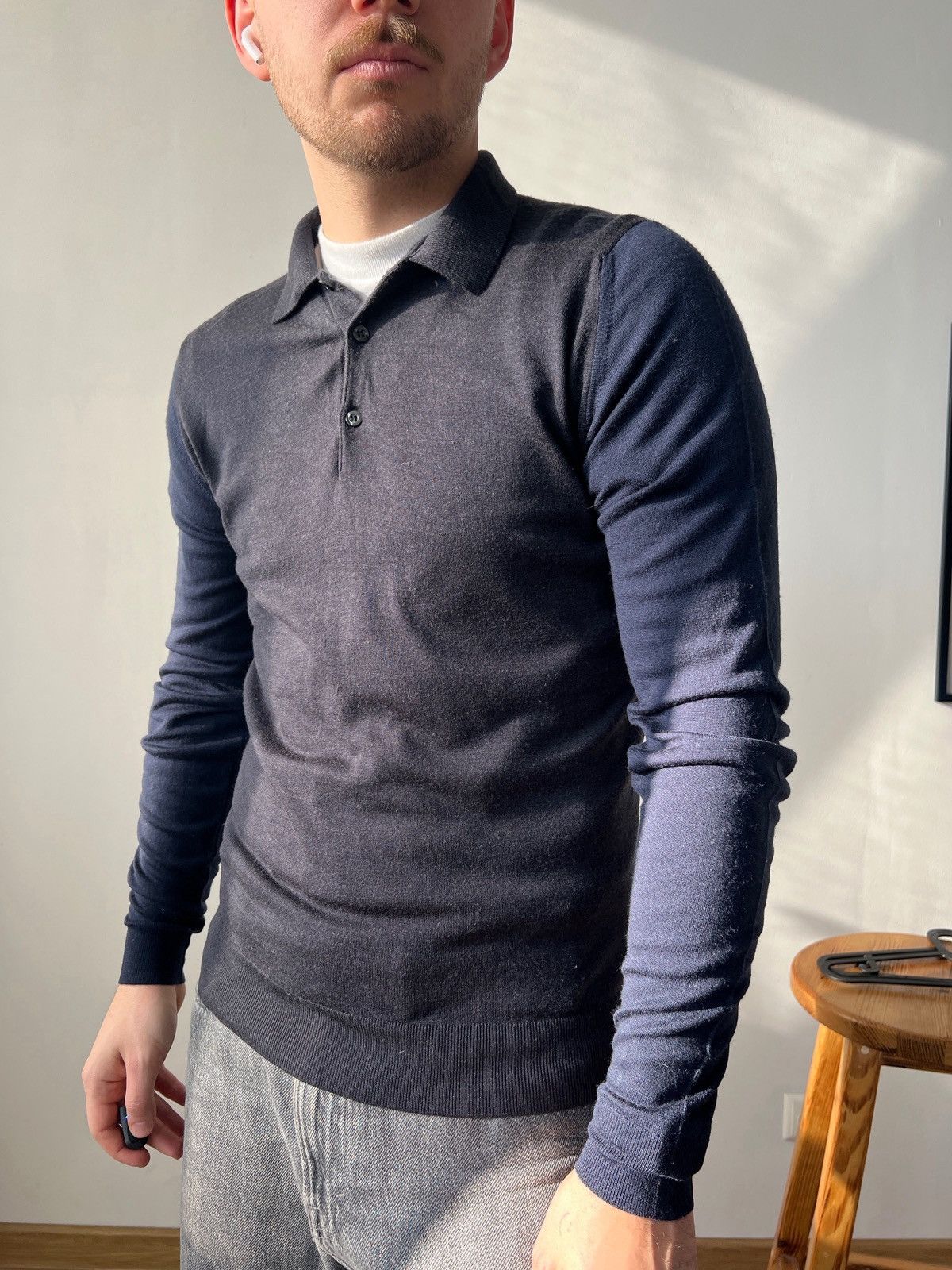 John Smedley John Smedley Grey/Navy Knit Wool Polo Shirt Size M England Size US M / EU 48-50 / 2 - 2 Thumbnail