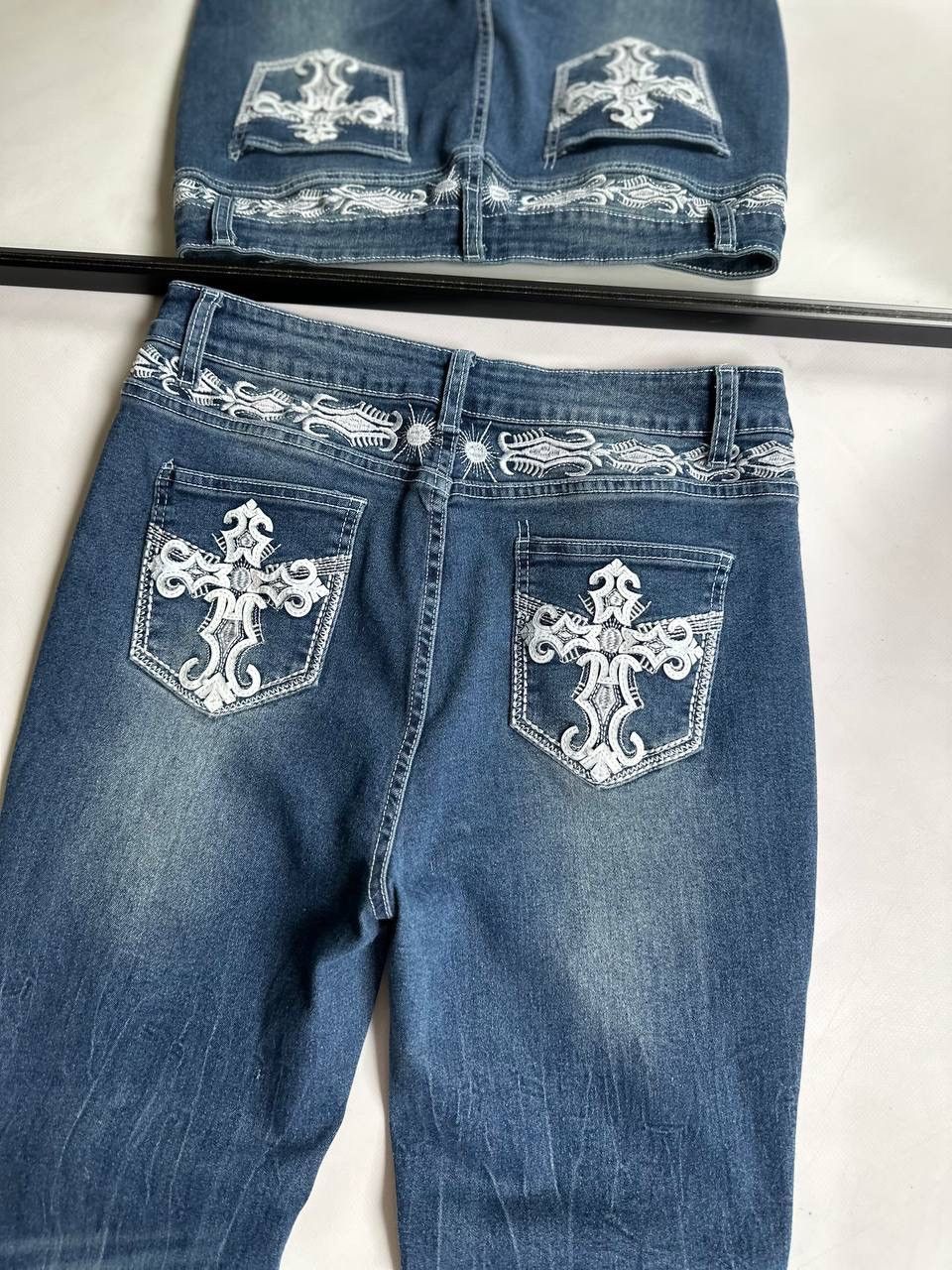 Japanese Brand Vintage Gothic Flared Womens Jeans With Leather Details Y2K Size 30" / US 8 / IT 44 - 4 Thumbnail
