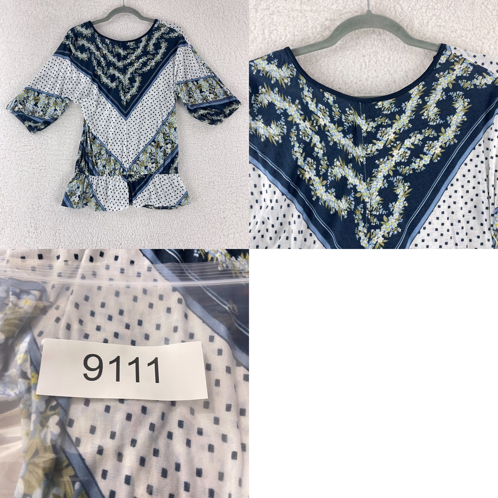 Vintage Deletta Blue Floral Mixed Media Short Sleeve Shirt Womens Pullover Size M Size M / US 6-8 / IT 42-44 - 9 Thumbnail