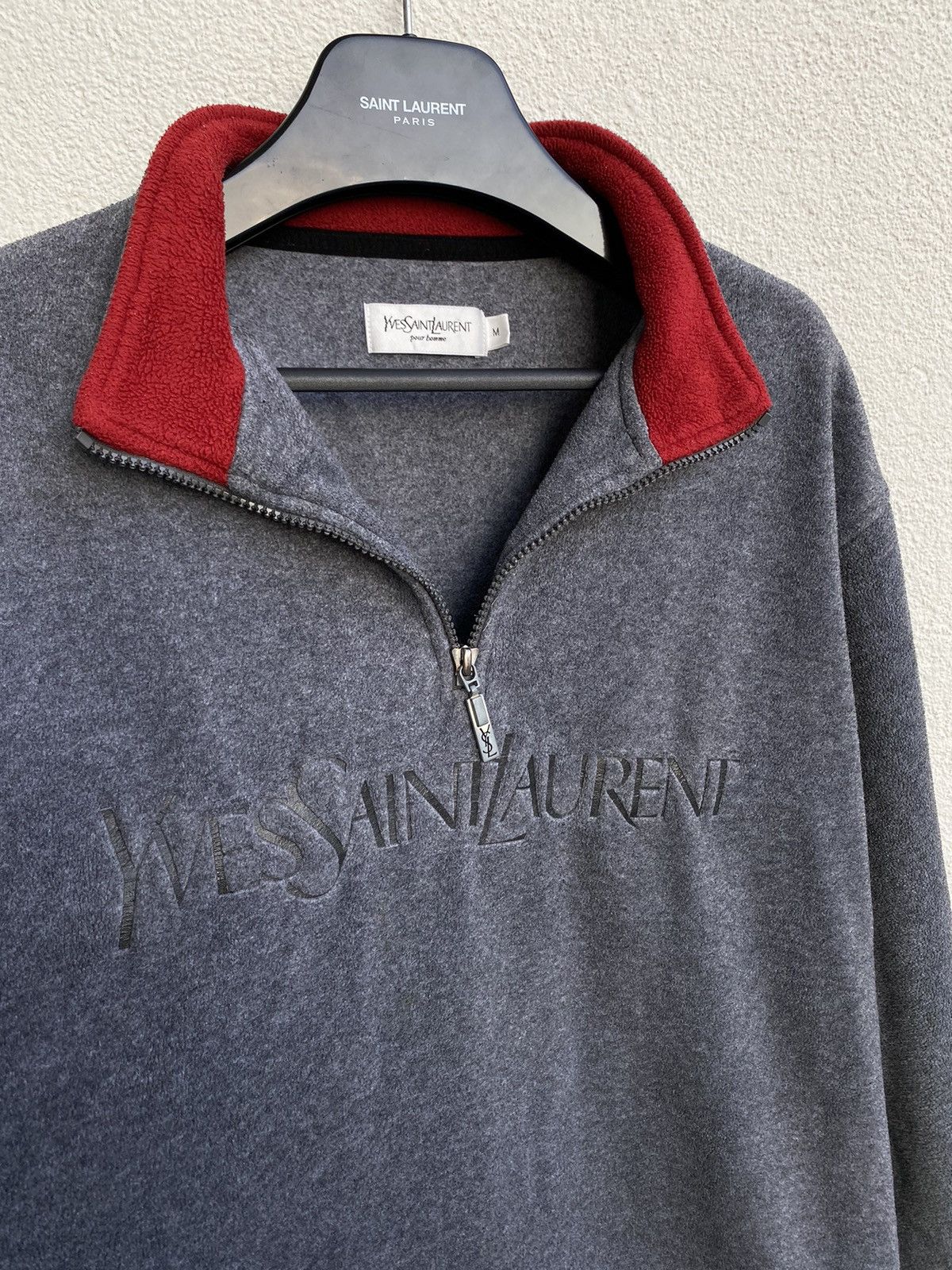 Yves Saint Laurent Fleece YSL Sweatshirt 1/4 Quarter Zip Big Logo Grey Vintage Size US M / EU 48-50 / 2 - 1 Thumbnail