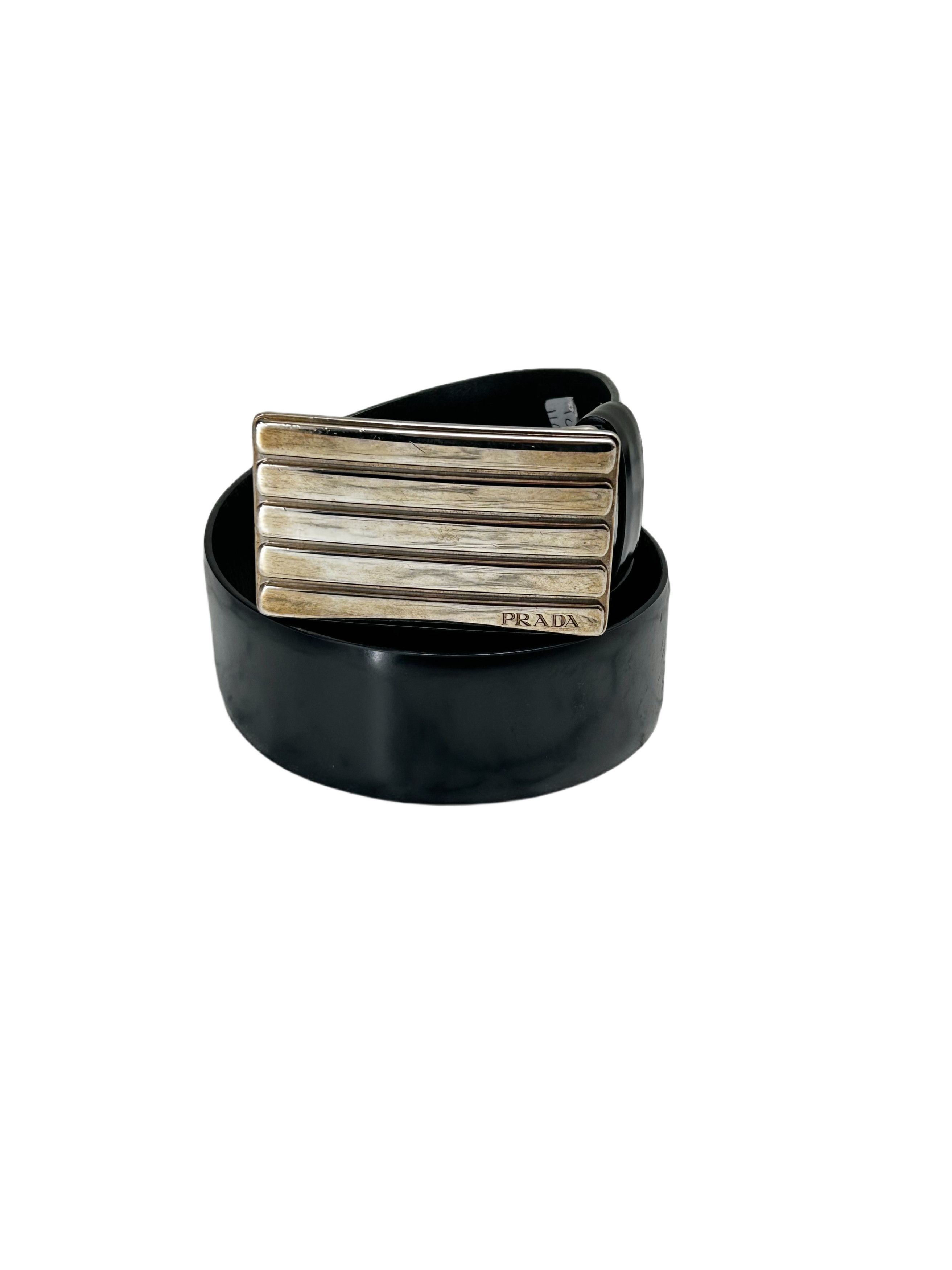 Prada Prada Black Leather Belt With Wide Etched Shield Buckle Size 34 - 3 Thumbnail