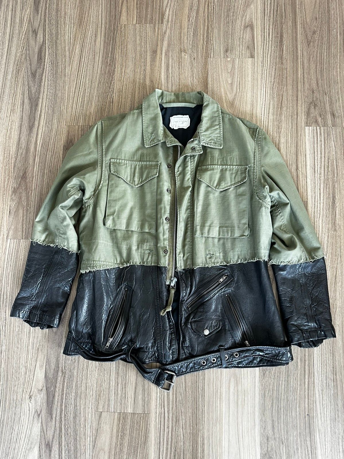 Pre-owned Greg Lauren 50/50 Army Leather Biker Jacket In Army Black