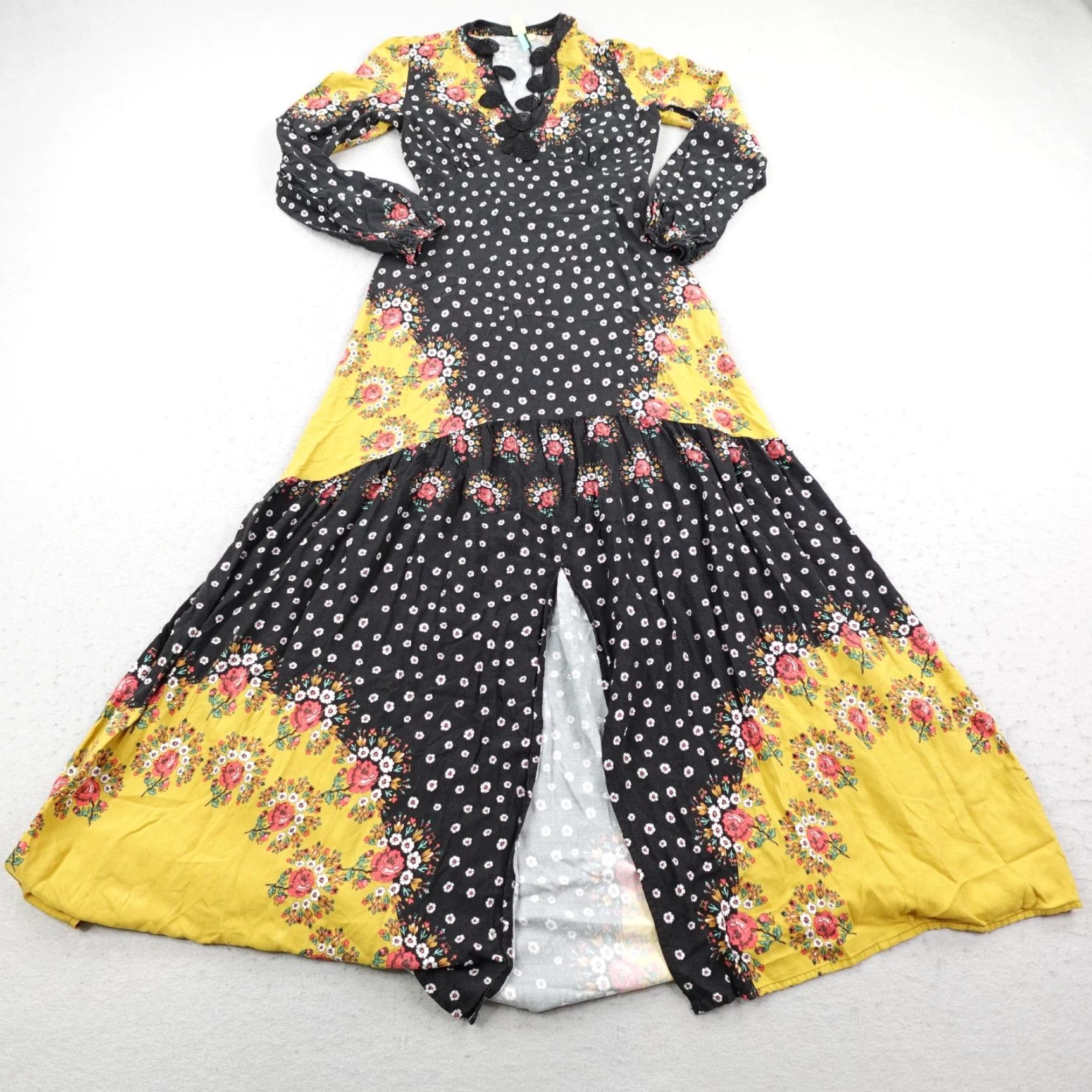 Farm Rio Farm Rio Dress Women XS Black Yellow Floral Blocked Maxi Long Sleeve Boho Anthro Size XS / US 0-2 / IT 36-38 - 2 Thumbnail