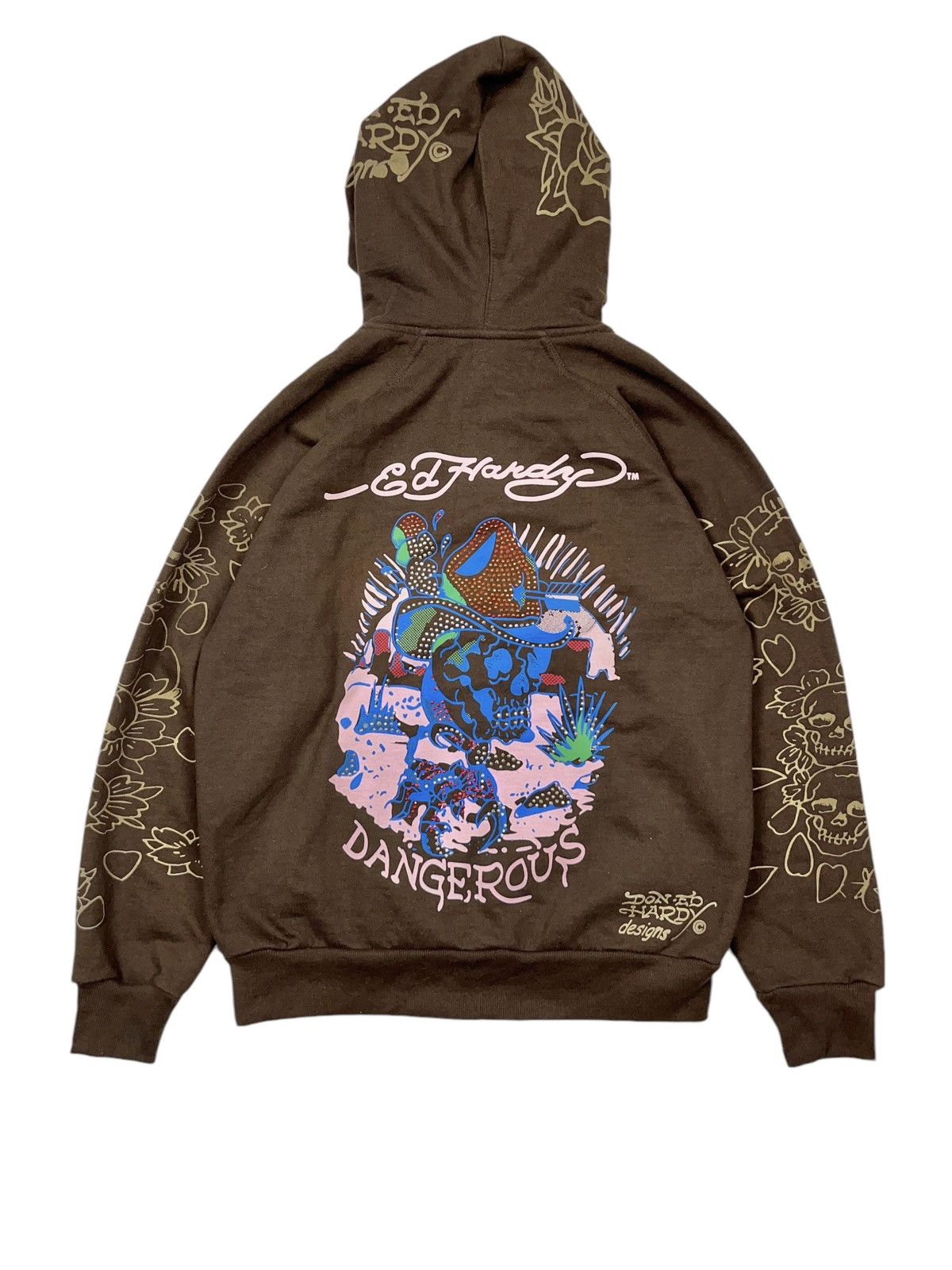 Christian Audigier × Ed Hardy × Vintage Vintage y2k Ed Hardy Brown Zip Hoodie with Rhinestones Size S / US 4 / IT 40 - 1 Thumbnail