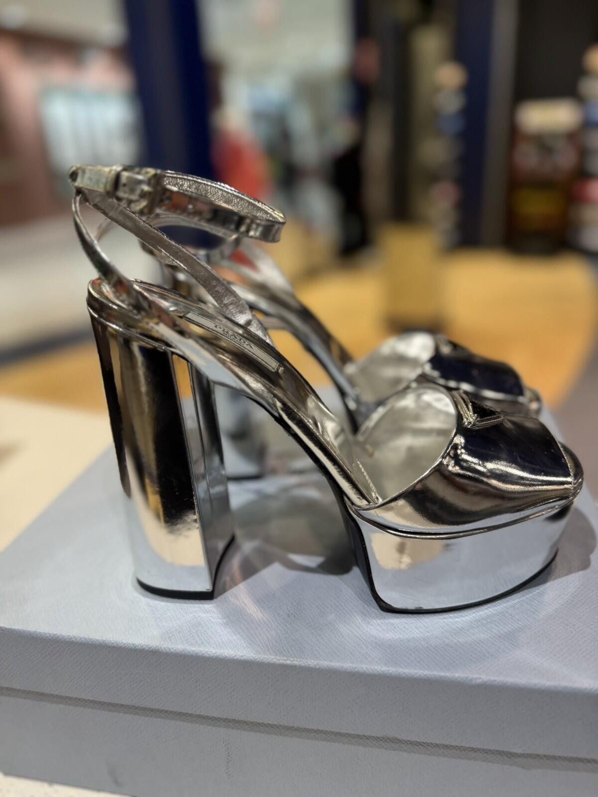 Prada Prada 135mm Metallic Silver Logo Platform Sandal Heel 39.5EU Size US 9.5 / IT 39.5 - 10 Thumbnail
