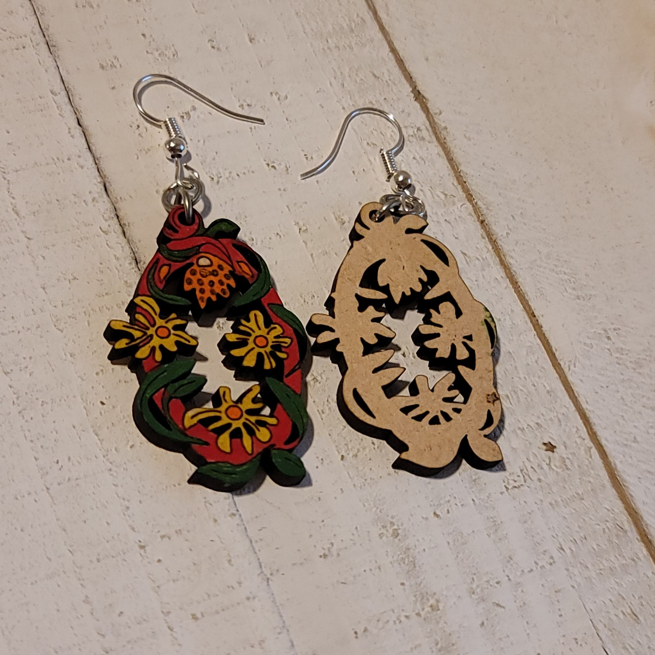 Handmade Laser Cut Hand Painted Flower Oval Dangle Earrings Size ONE SIZE - 3 Thumbnail
