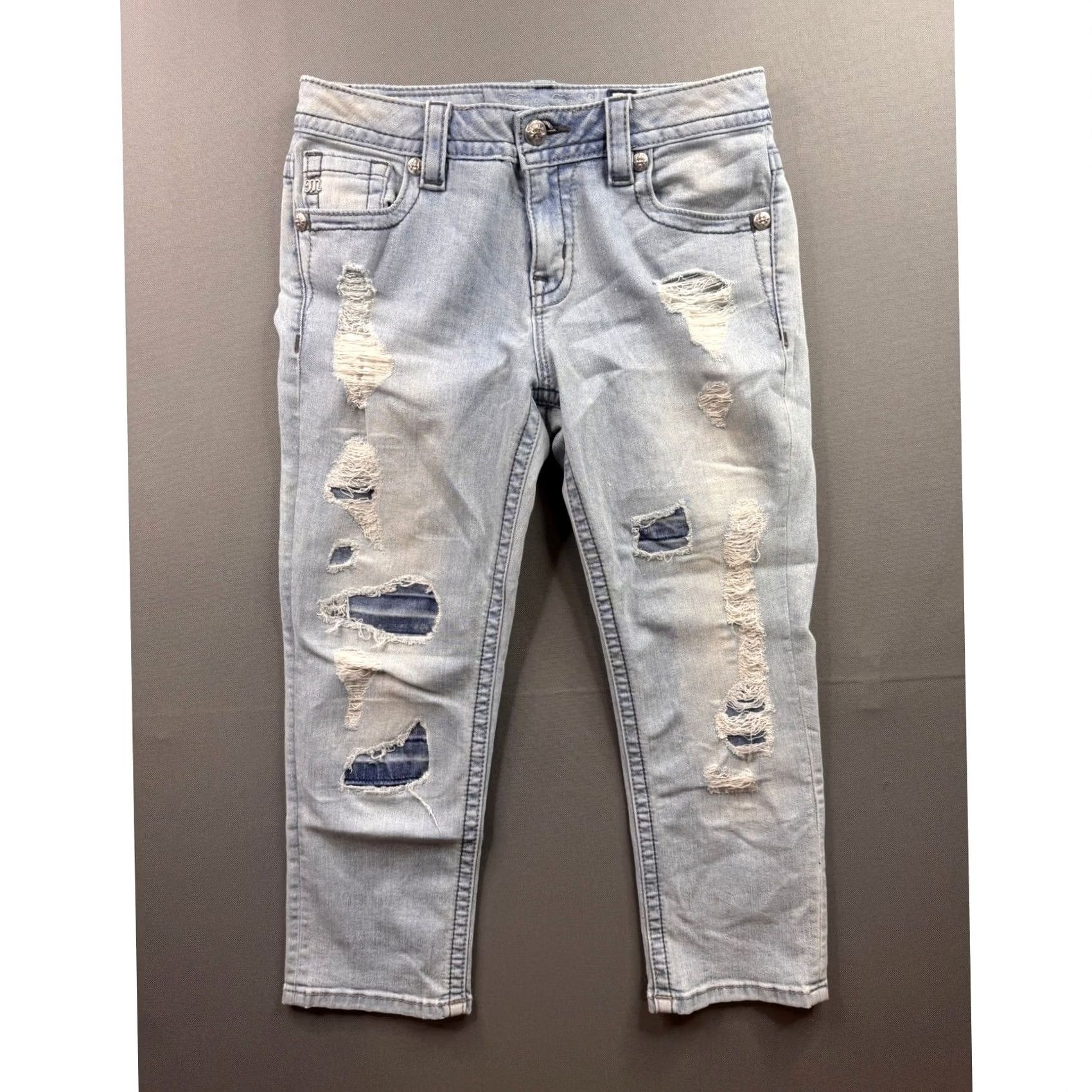 Miss Me Miss Me Womens Boyfriend Capri Light Wash Distressed Patched Denim Jeans Size 25 Size 42" / US 20 - 2 Thumbnail
