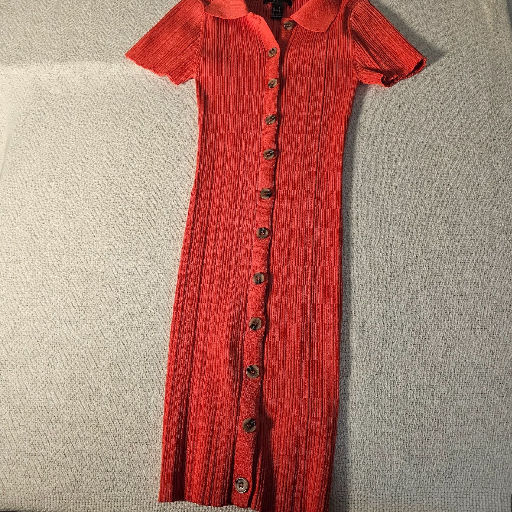 Forever 21 FOREVER 21 Dress Womens S Ribbed Knit Short Sleeve Button Neck Mini Peach Orange Dress Size 28" / US 6 / IT 42 - 5 Thumbnail