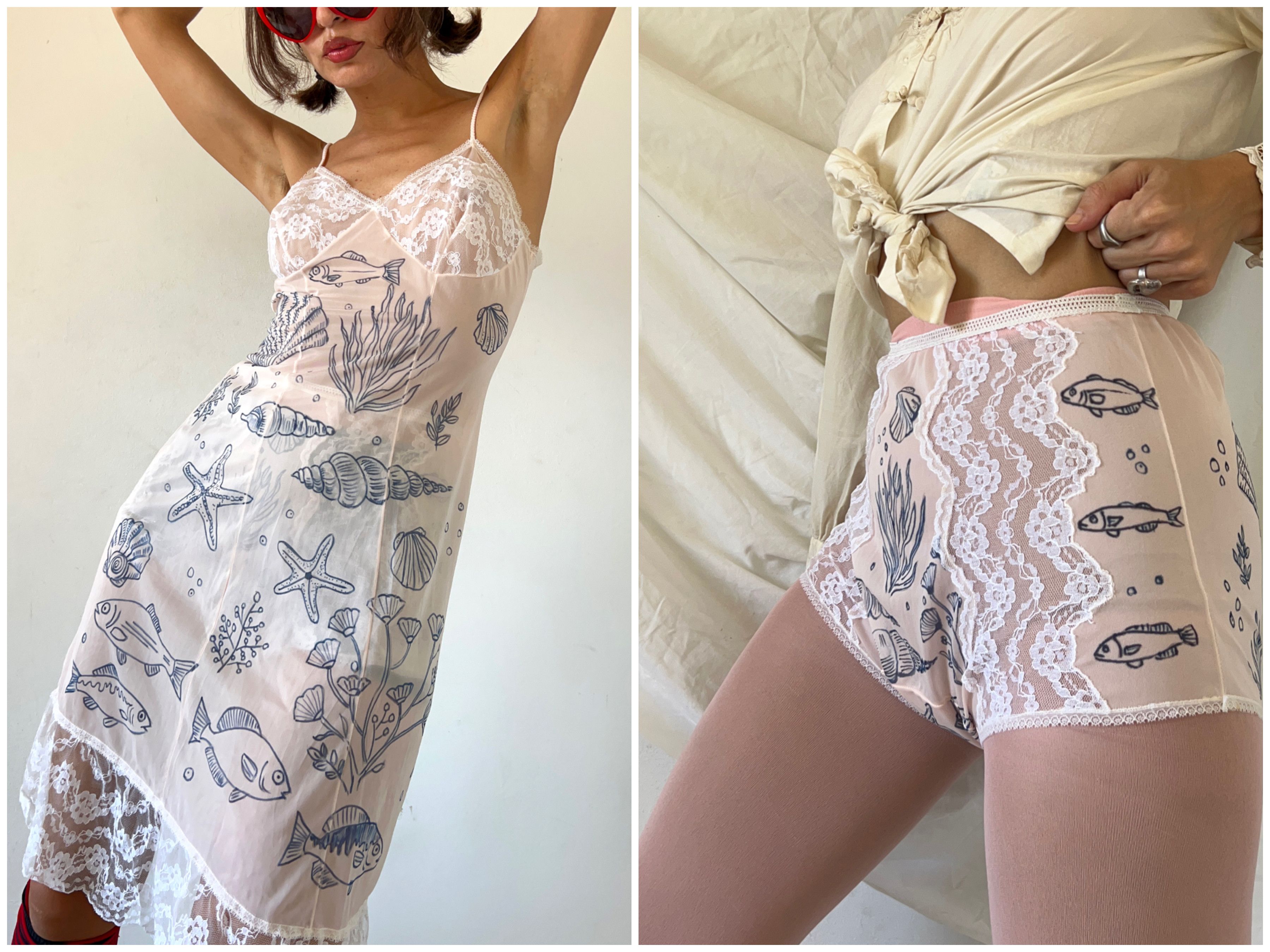 Custommade Hand Painted Seashell Fish Nightgown Size XL / US 12-14 / IT 48-50 - 5 Thumbnail