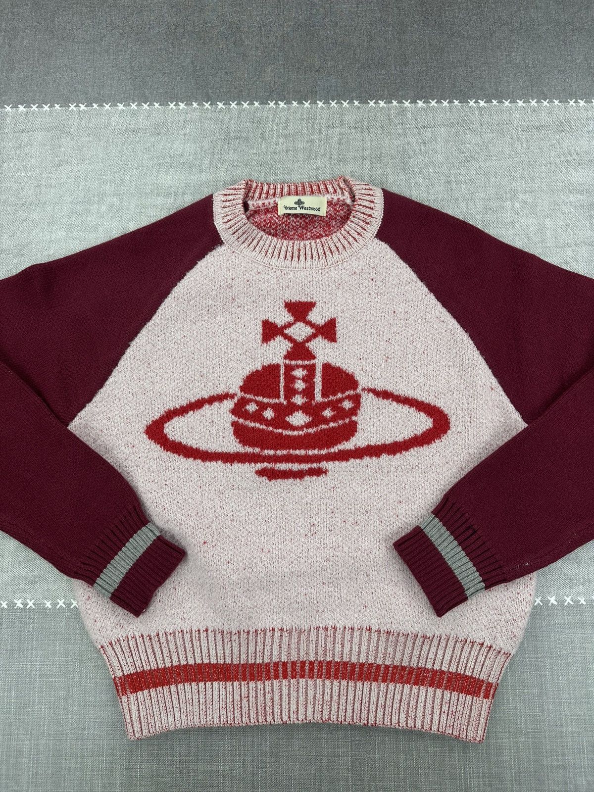 Vivienne Westwood Vivienne Westwood Orb Logo Knit Sweater Burgundy Cream M Size US M / EU 48-50 / 2 - 7 Thumbnail
