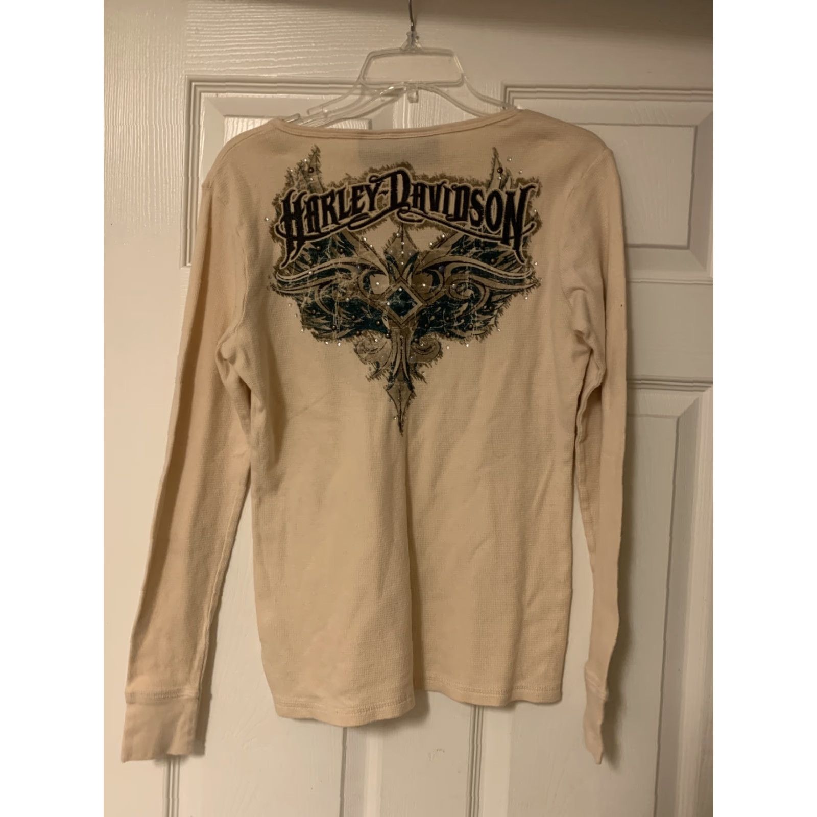Harley Davidson VINTAGE Harley-Davidson Shirt Light Tan Long Sleeve 1/4 Button Up Women Large Womens Size L / US 10 / IT 46 - 4 Thumbnail