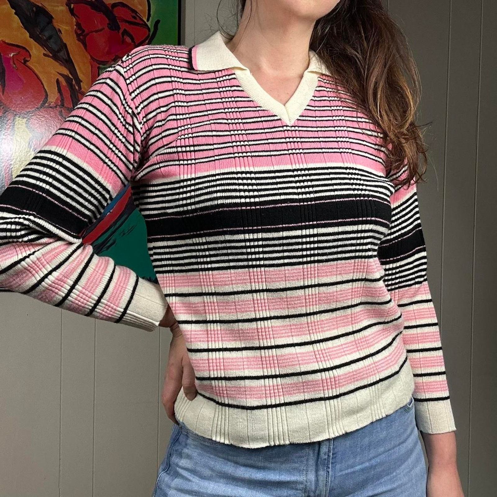 Vintage Vintage retro preppy 70s pink black pull over collar sweater Size M / US 6-8 / IT 42-44 - 3 Thumbnail