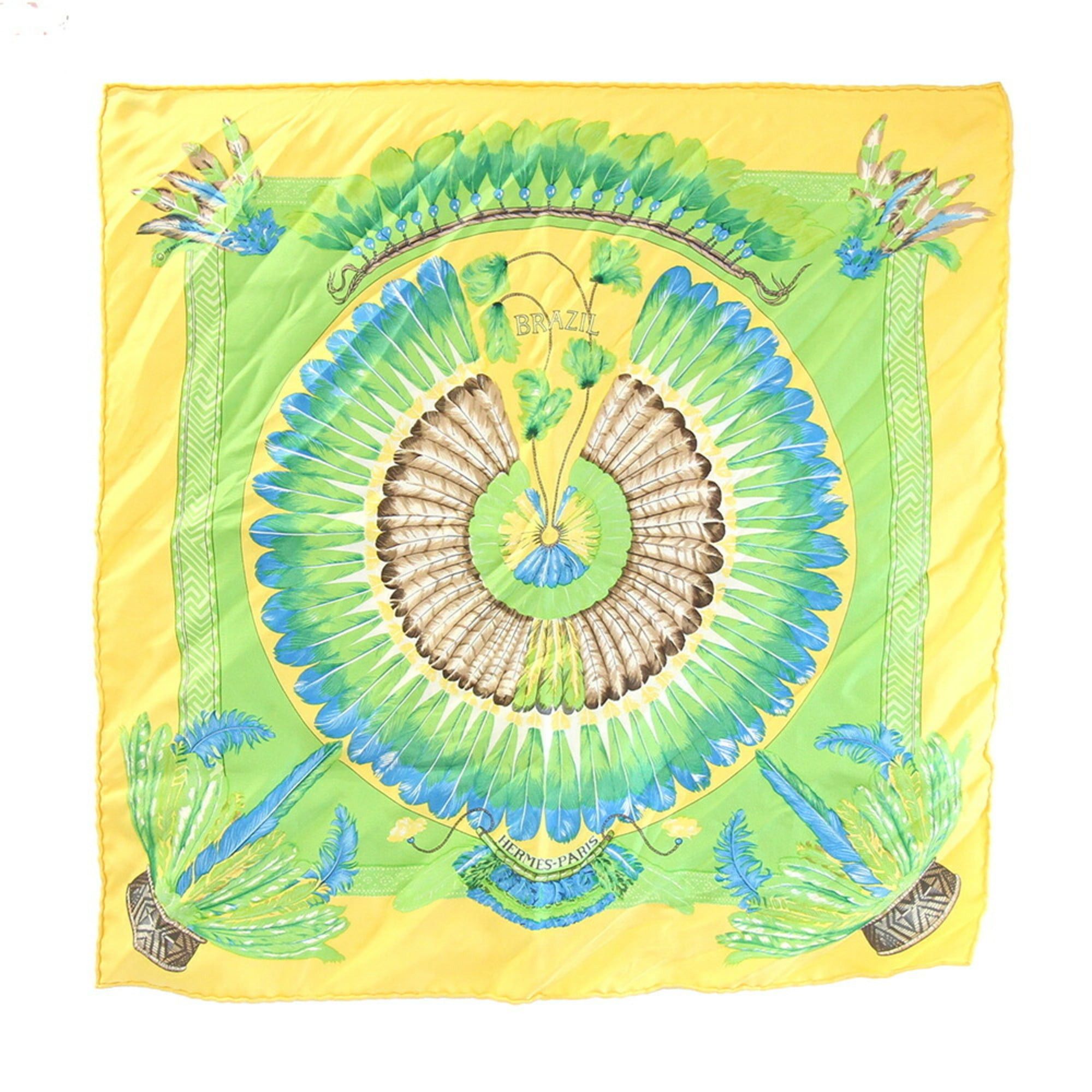 Hermes Hermes Scarf/Muffler, Carre 42 BRAZIL, Yellow/Light Green, 100% Silk, Petit Carre/Petit Stole, Women's. Size ONE SIZE - 1 Thumbnail