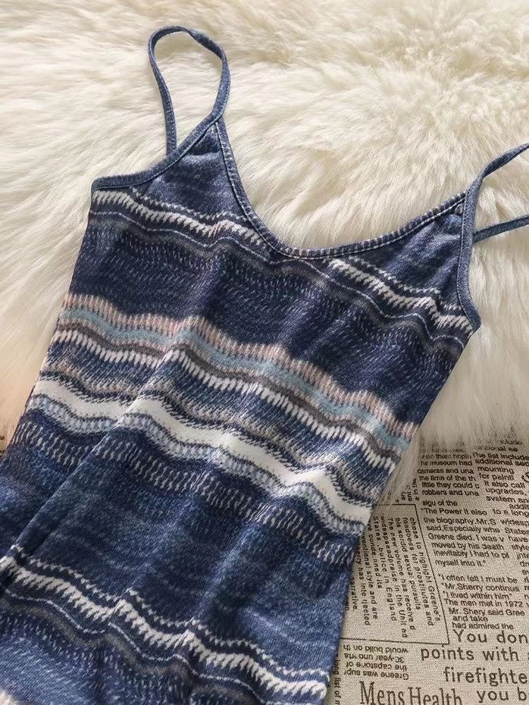 image of Vintage Retro Striped Vest With Suspender Dress in Blue, Women's (Size Medium)