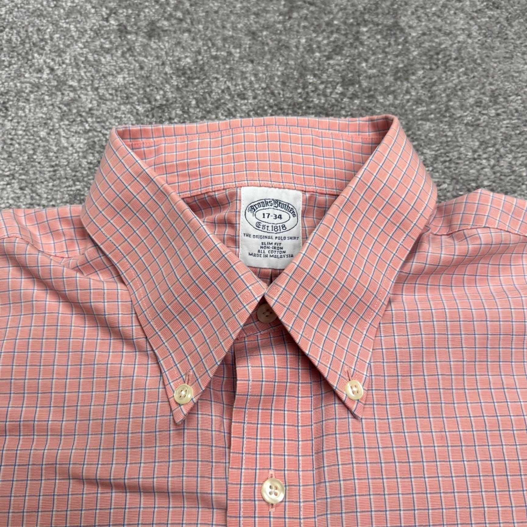 Brooks Brothers Brooks Brothers Dress Shirt Mens 17-34 Orange Plaid Non Iron Slim Fit Shirt Size 46R - 3 Thumbnail