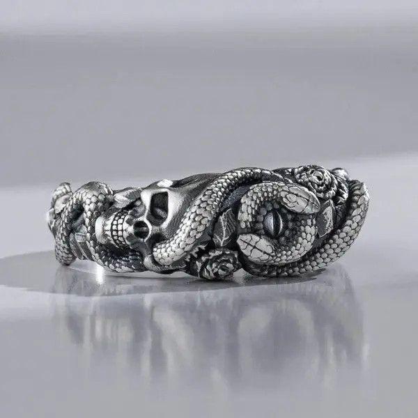 Jewelry Punk Rose Skeleton Double Headed Snake Ring (Size 7-13) Size ONE SIZE - 4 Thumbnail