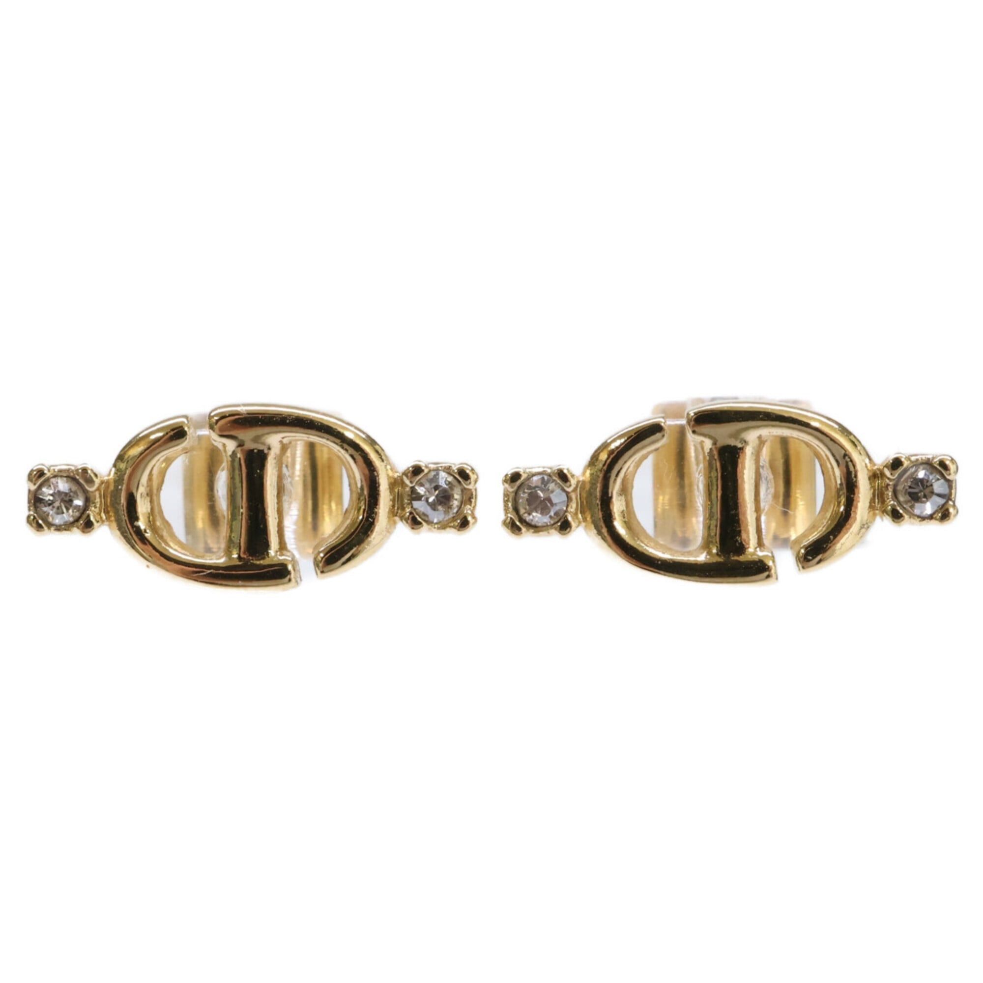 Dior Christian Dior CD Logo Rhinestone Stud Earrings, Gold Color, Women's Size ONE SIZE - 1 Thumbnail