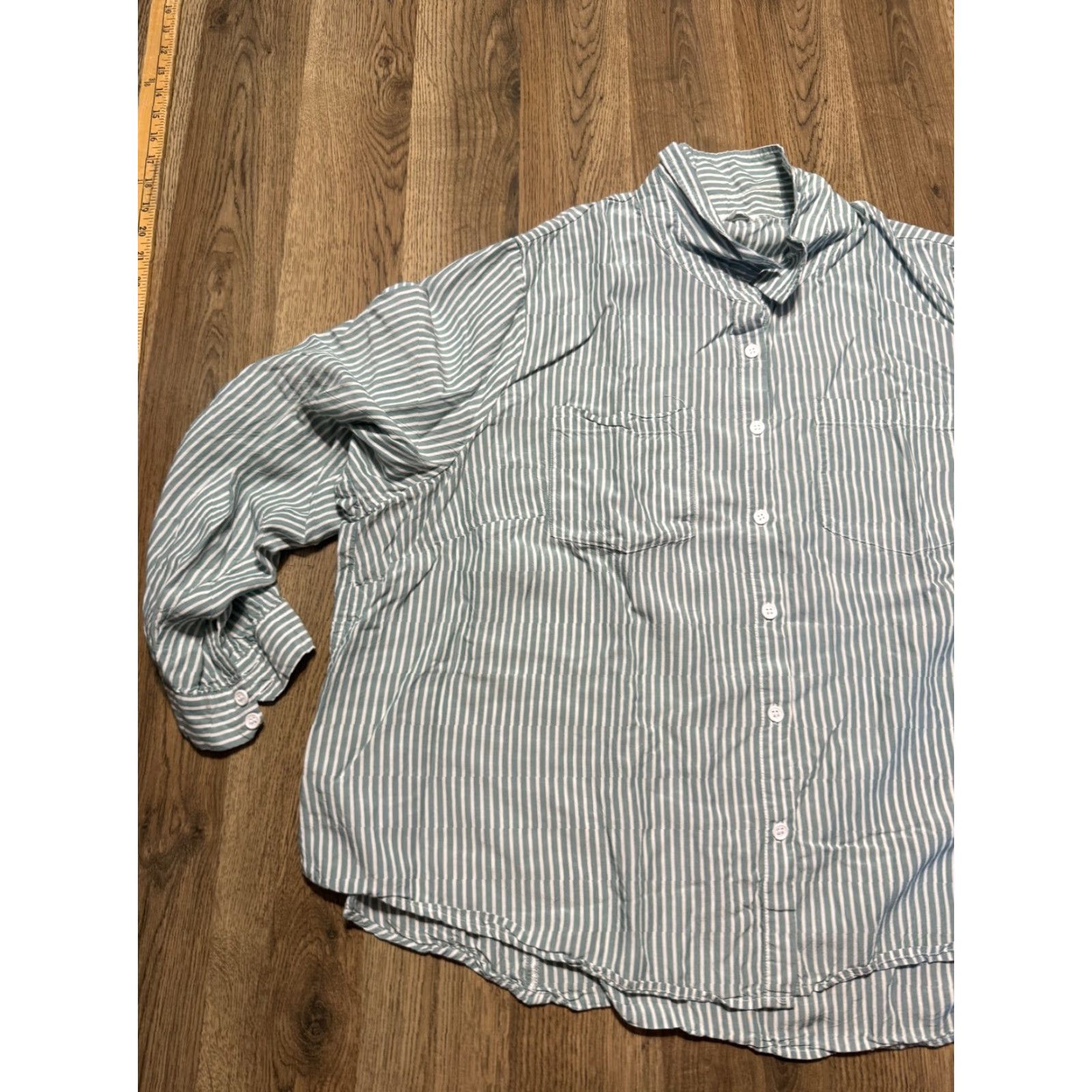 Vintage Daily Thread Shirt Women 2X Green White Striped Long Sleeve Button-Up Shirt Size XXL / US 16-18 / IT 52-54 - 3 Thumbnail