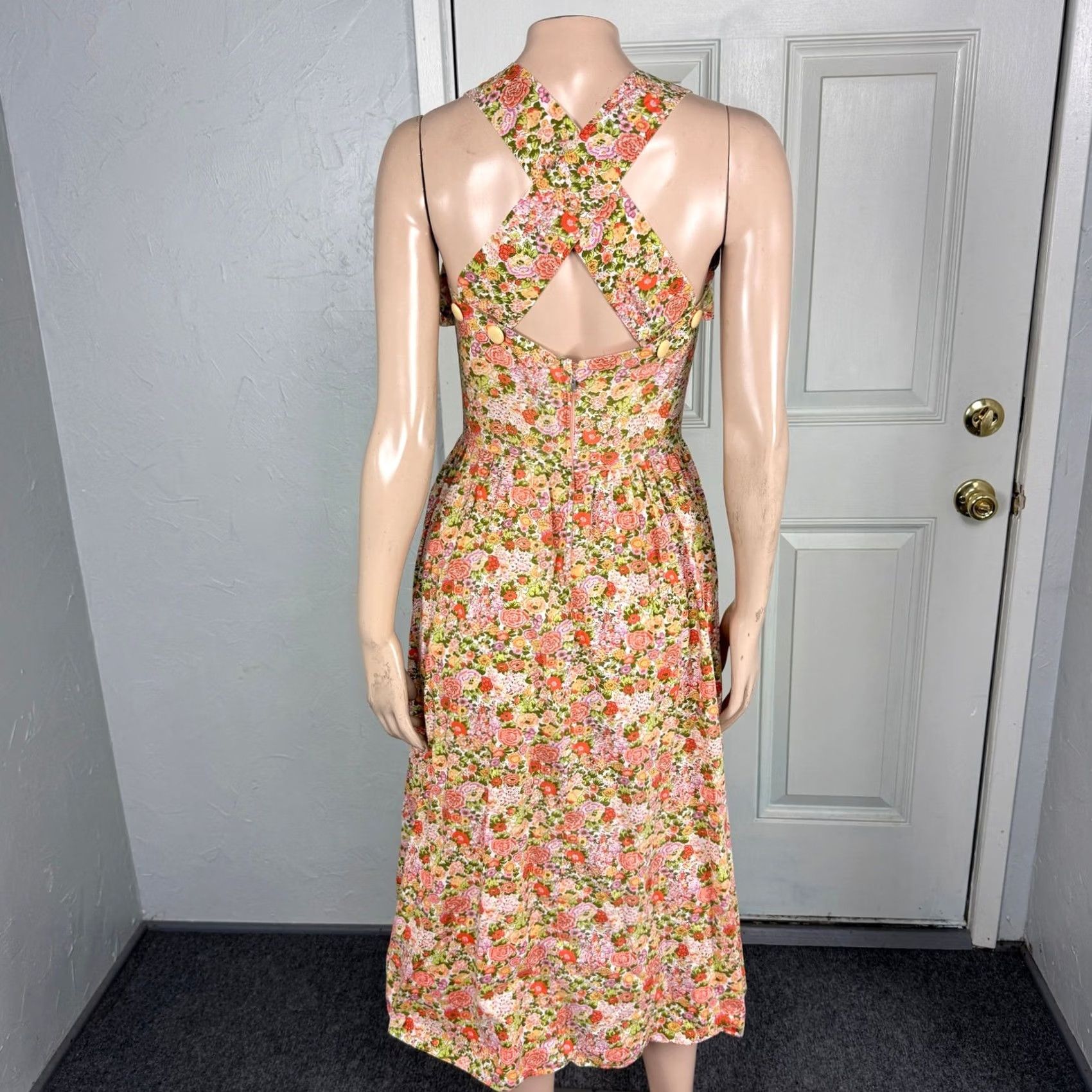 Vintage VINTAGE Dress Floral Cotton Ruffle Cottage Open Pockets Knit 50s 60s Shirt Dress XS Orange Womens Mid-Length Sleeveless Cap? Size XS / US 0-2 / IT 36-38 - 4 Thumbnail
