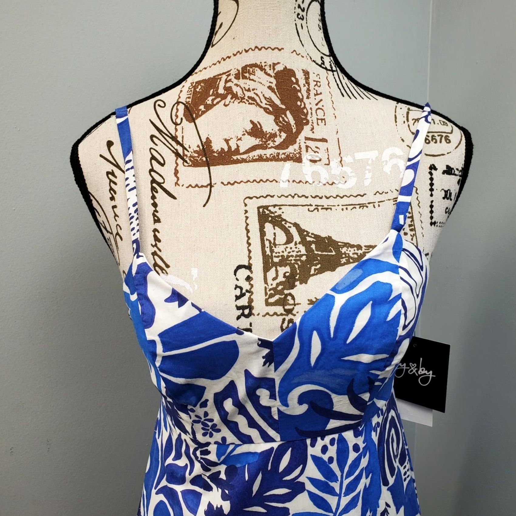 Vintage By & By Fit & Flare Dress Womens XS Blue & White Printed Sweetheart Neck Back Zip Size XS / US 0-2 / IT 36-38 - 6 Thumbnail
