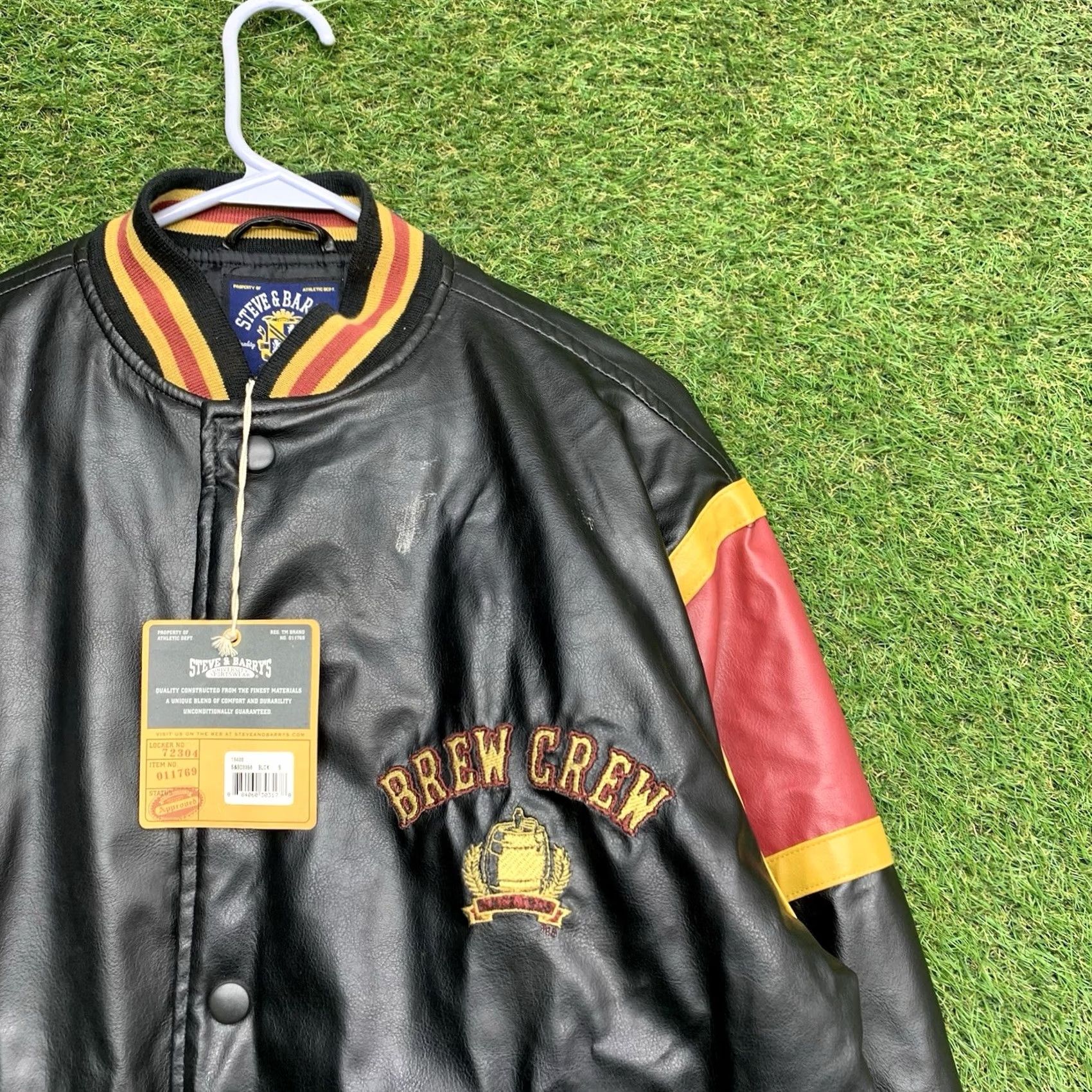 Vintage Steve & Barry’s Brew Crew Varsity Jacket Mens S Leather NWT Black 90s Army Beer College Logo Embroidered Snap Mid-Length Jacket Size US S / EU 44-46 / 1 - 3 Thumbnail