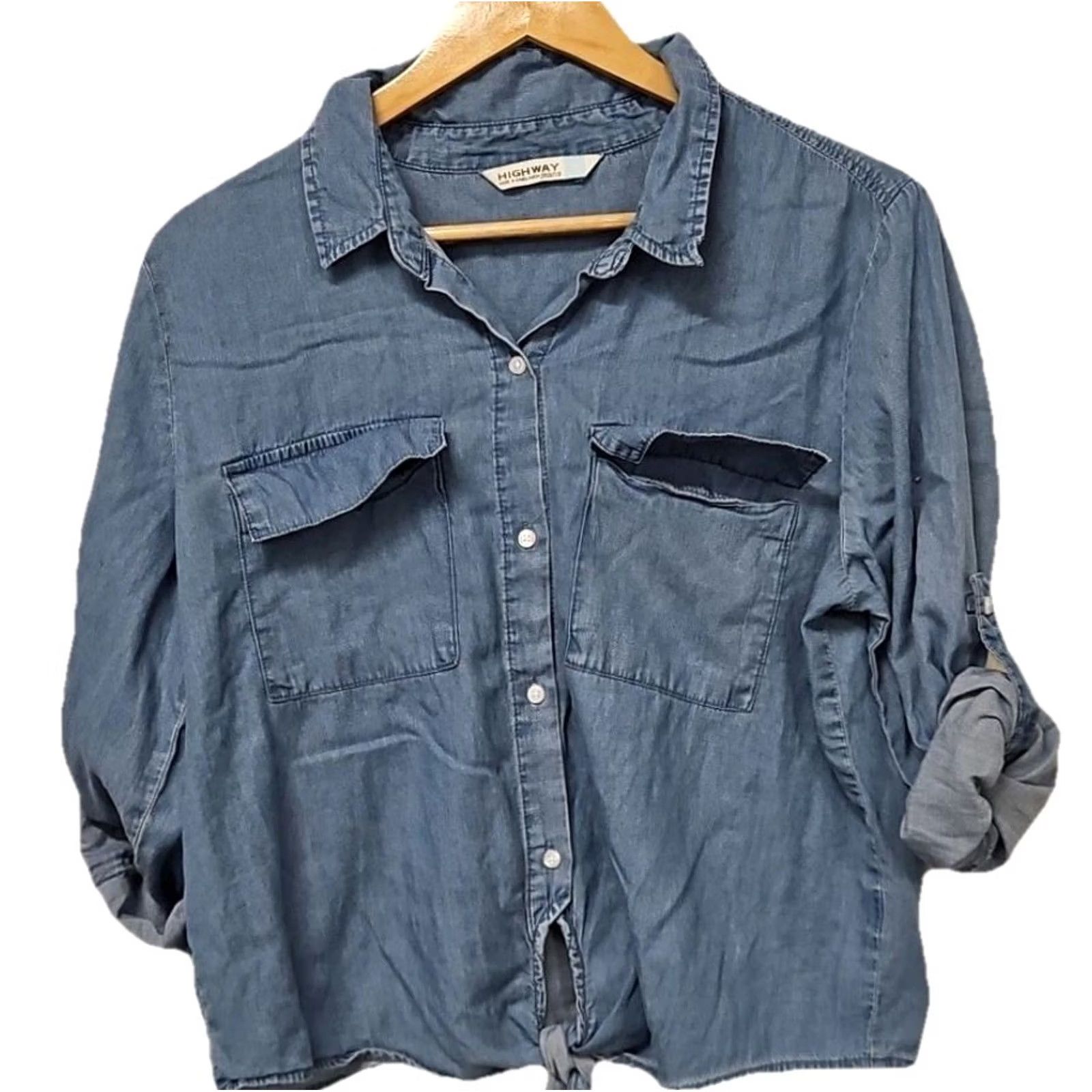 Denime Y2K Chambray Tie Front Crop Shirt Womens XL Lyocell Denim Soft Lightweight Shirt Size XL / US 12-14 / IT 48-50 - 2 Thumbnail