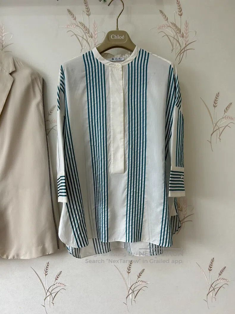 Loro Piana LORO PIANA Blue and white striped silk casual top Size S / US 4 / IT 40 - 1 Thumbnail