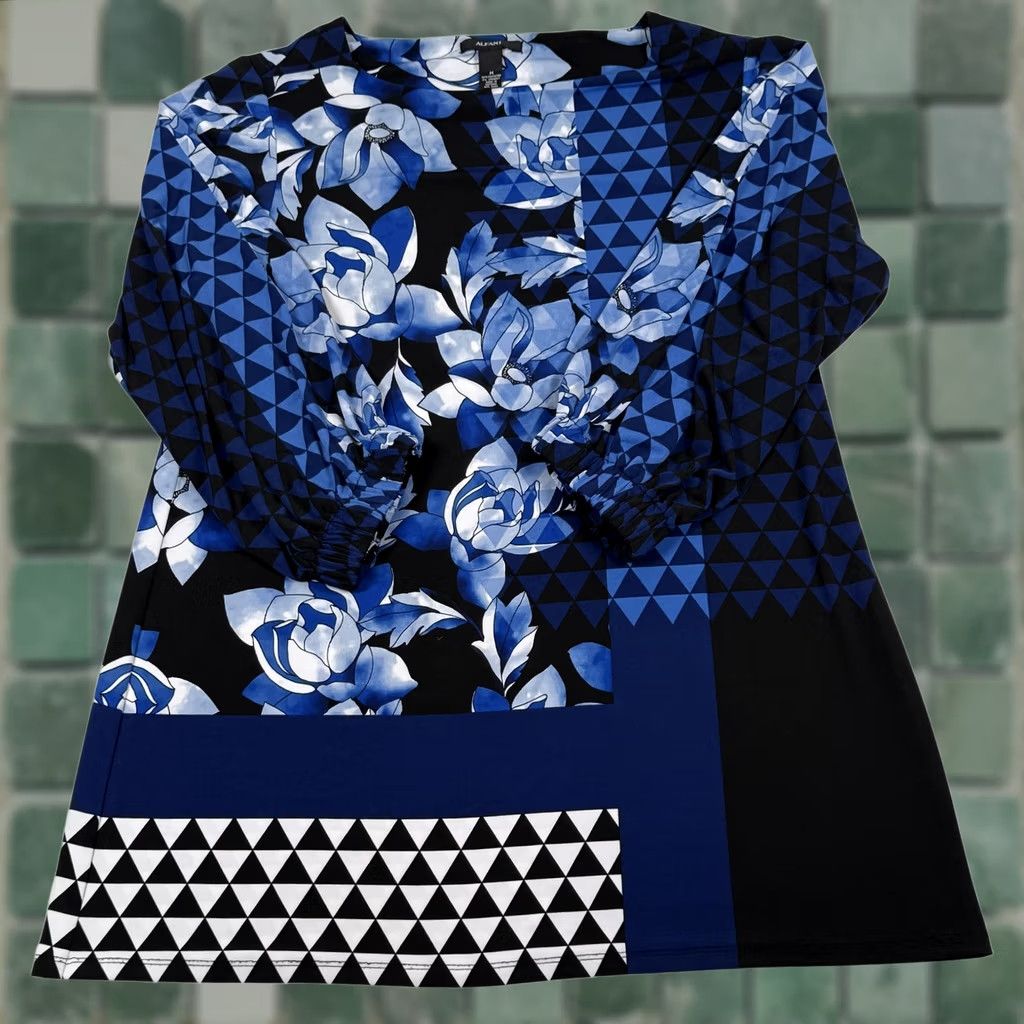 Alfani Alfani Blouse Tunic Blue Floral Geometric 3/4 Sleeve Stretch Artsy Patchwork M Womens Shirt Size M / US 6-8 / IT 42-44 - 1 Thumbnail