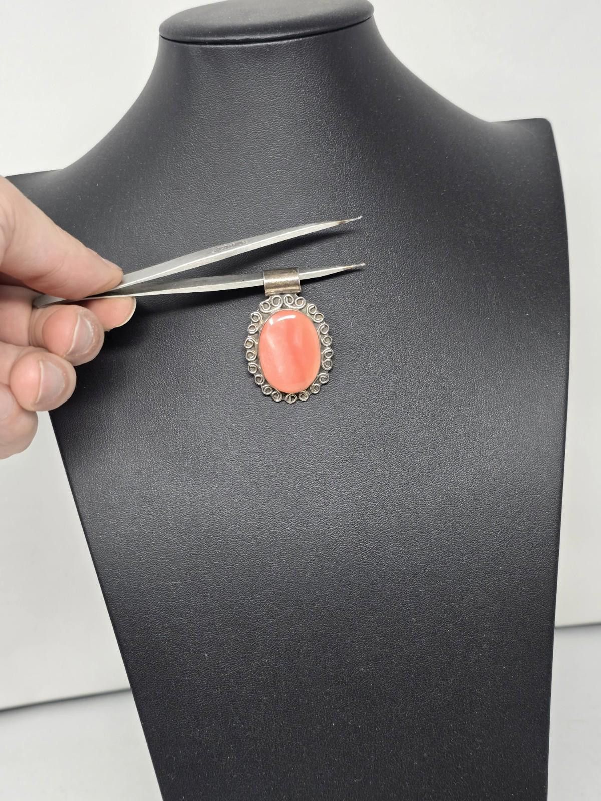 Other Vintage Taxco Sterling Silver Pendant Coral Cabochon Large Size ONE SIZE - 6 Thumbnail