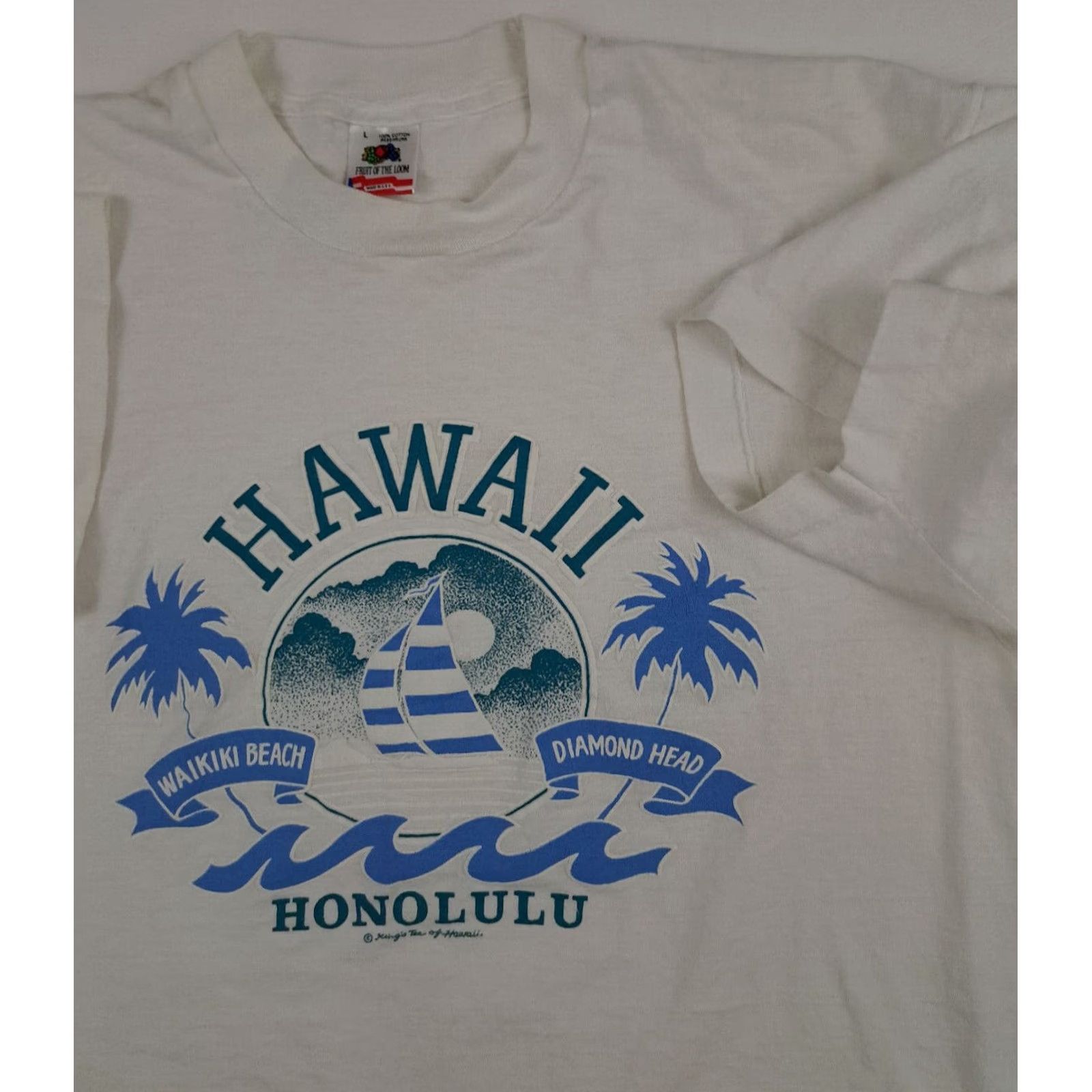 Fruit Of The Loom VINTAGE Hawaii Waikiki Beach T-Shirt USA LG Hilton Head Fruit of the Loom Crew Neck Short Sleeve Men 1980s White Sky Blue Size US L / EU 52-54 / 3 - 5 Thumbnail