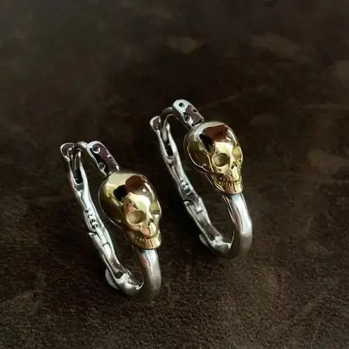 Sterling Silver Golden Skull Head Hoop Earring Size ONE SIZE - 1 Thumbnail