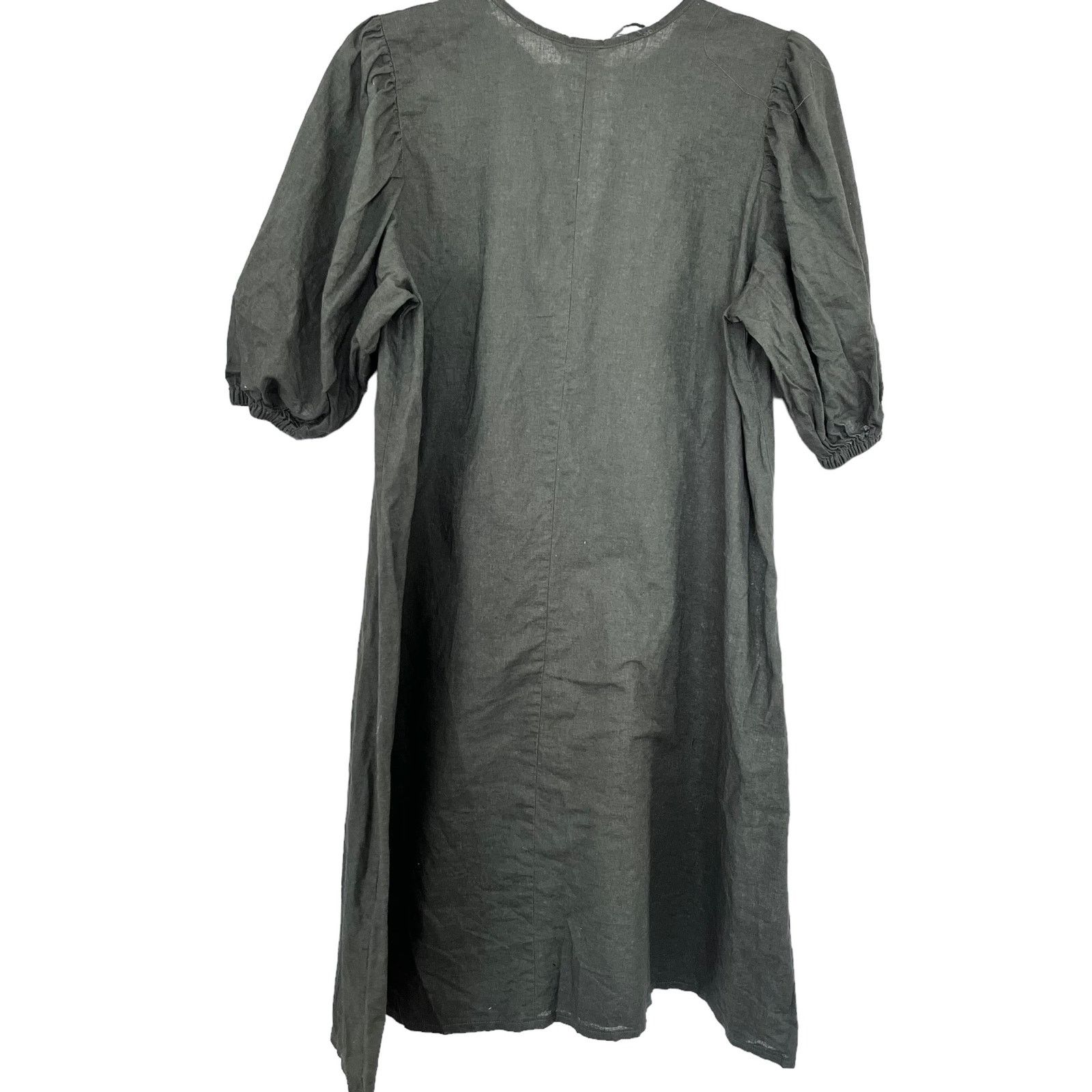 H&M H&M Olive Linen Blend Puff Sleeve Dress | Front Ties Size S / US 4 / IT 40 - 6 Thumbnail