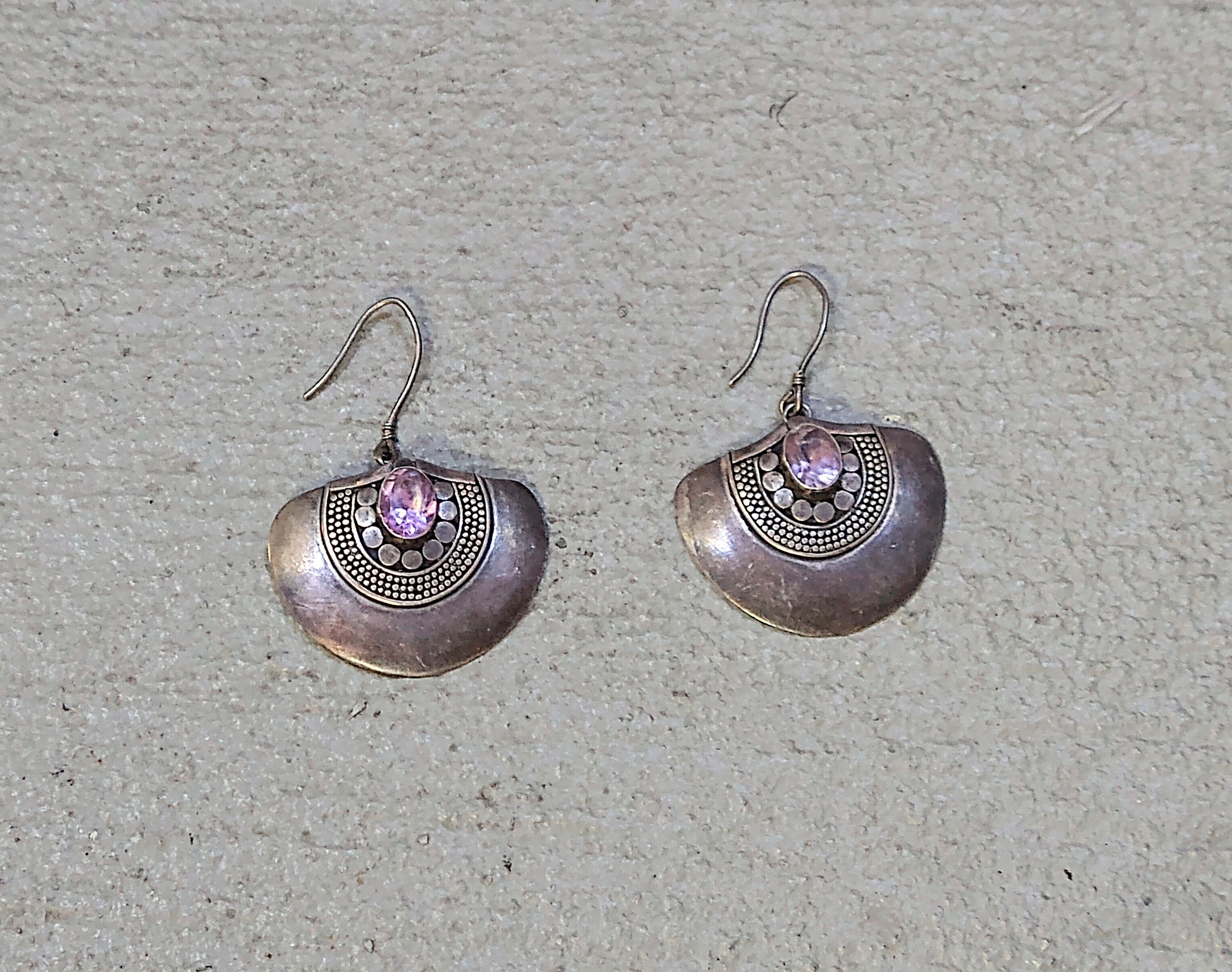 Jewelry × Vintage Vintage Sterling Silver Earrings Purple Amethyst Fan Modern Size ONE SIZE - 1 Thumbnail