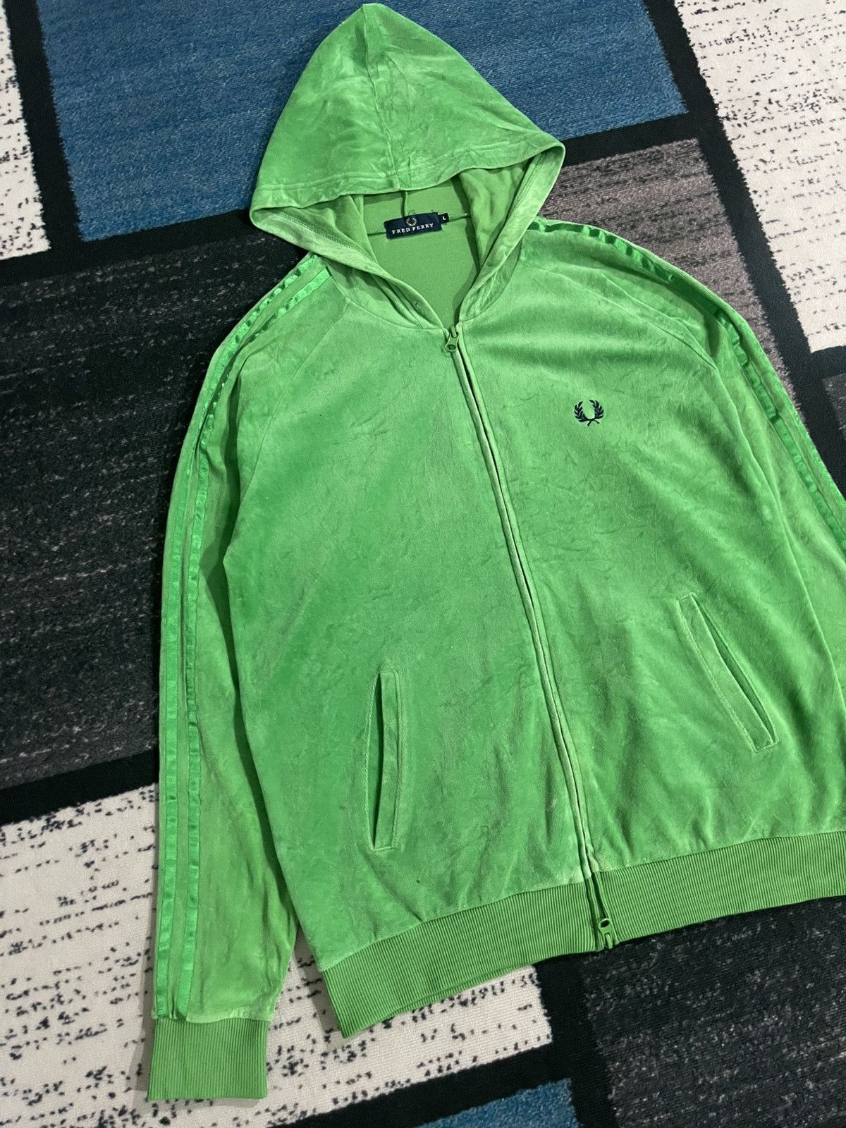 Fred Perry × Vintage Vintage Fred Perry Velvet Green Hoodie Jacket Size US L / EU 52-54 / 3 - 4 Thumbnail