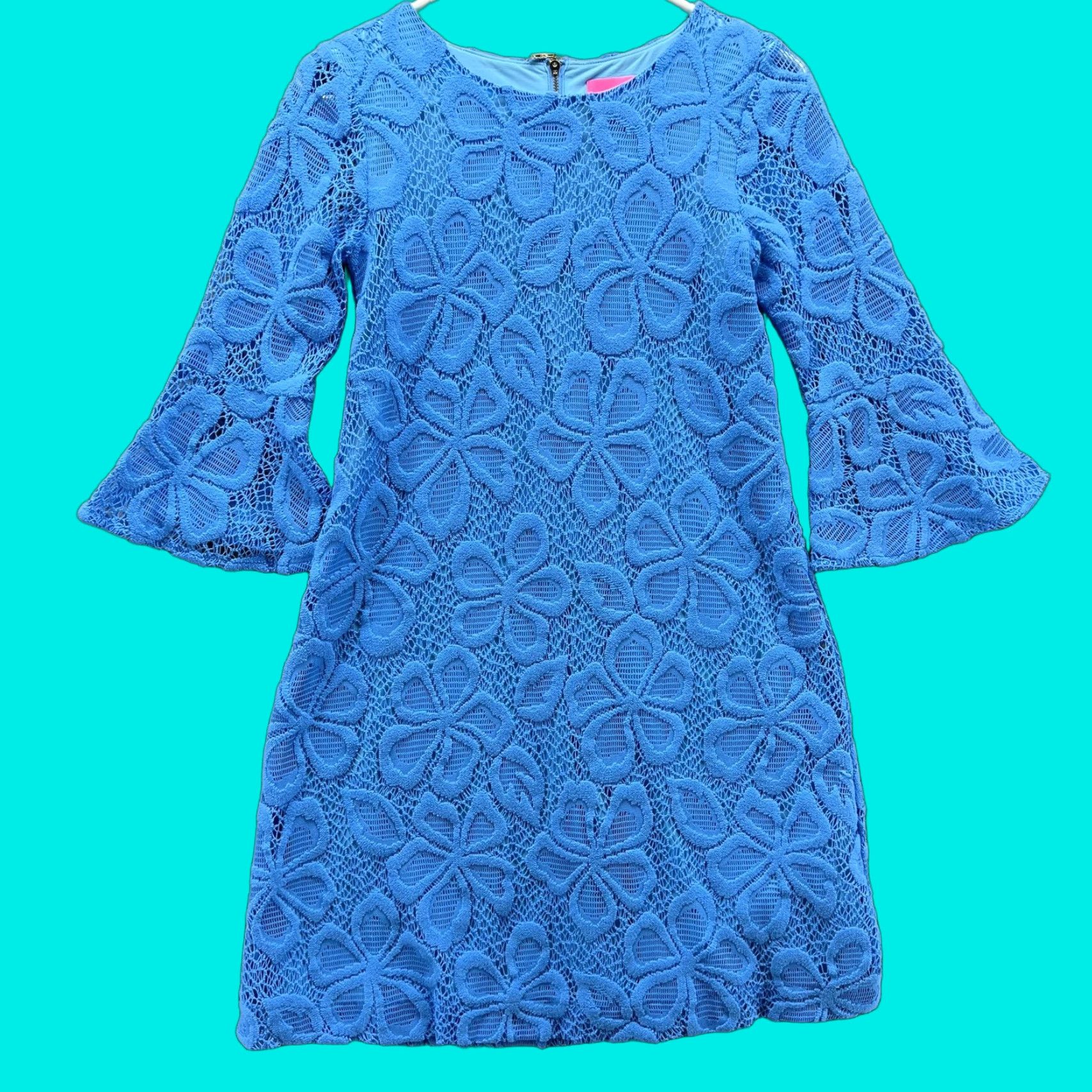 Lilly Pulitzer Lilly Pulitzer Dress Womens XXS Blue Floral Lace 3/4 Bell Sleeve Shift Mini Size XXS / US 00 / IT 34 - 1 Thumbnail
