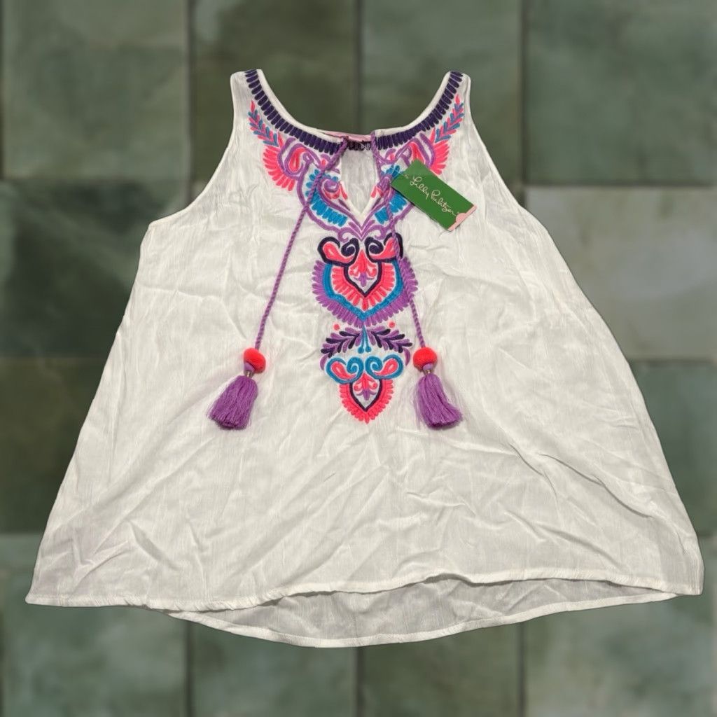 Lilly Pulitzer Lilly Pulitzer Resort White Jackie Top Tunic Blouse Women Size M Sleeveless Split Neck Embroidered Rayon Casual Summer Womens Size M / US 6-8 / IT 42-44 - 1 Thumbnail