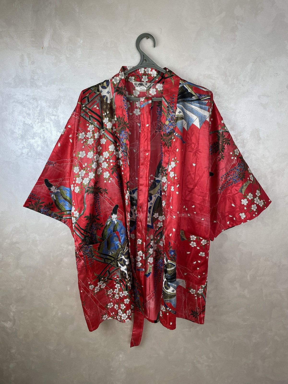 Japanese Brand Rare Red Kimono Robe Made in Japan – Floral & Samurai Design Size M / US 6-8 / IT 42-44 - 1 Thumbnail